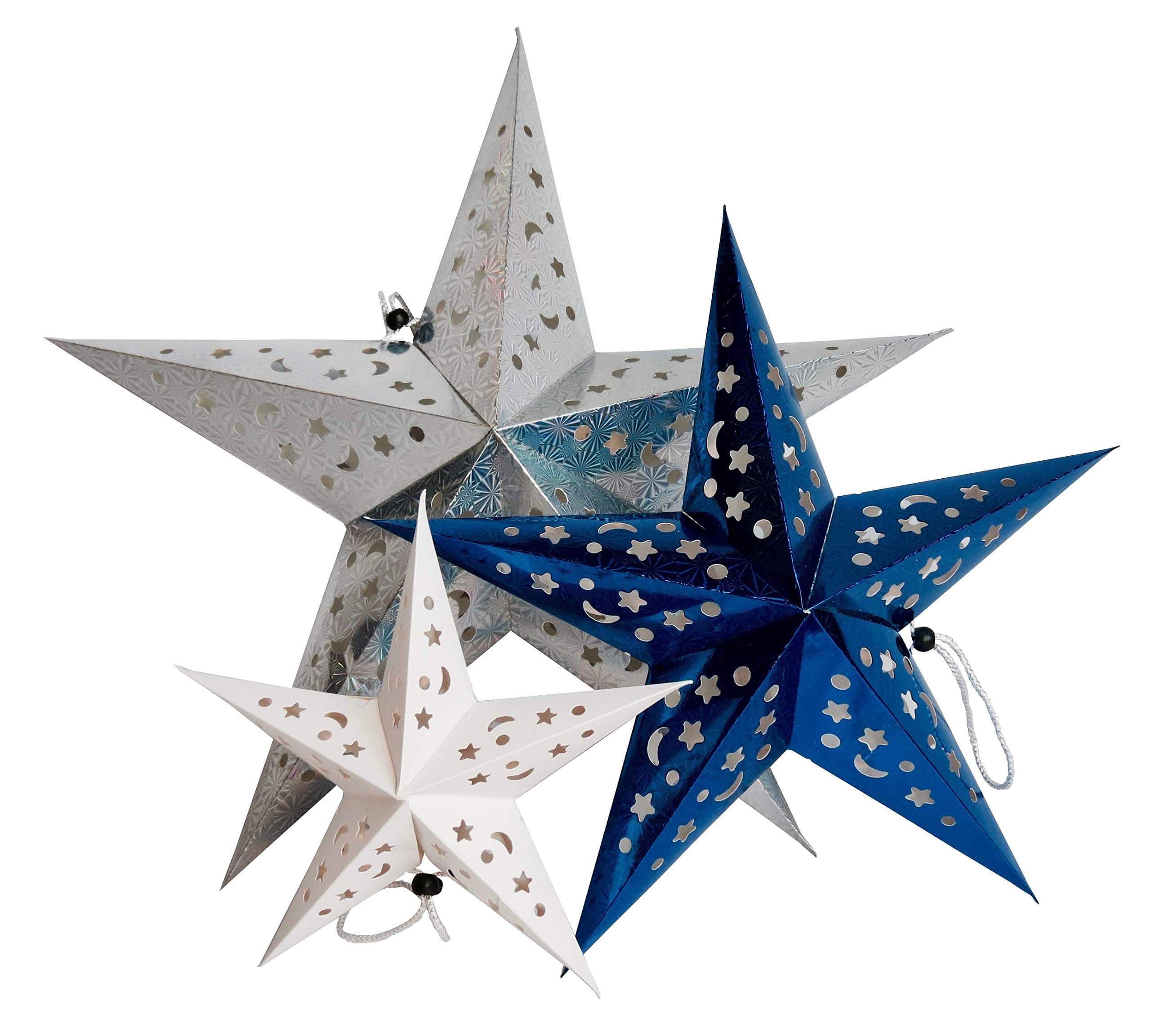 Time Away Paper Star Lantern Decorations - 1 Large Metallic Silver Star, 1 Medium Metallic Star and 1 Small White Star with LED Lights