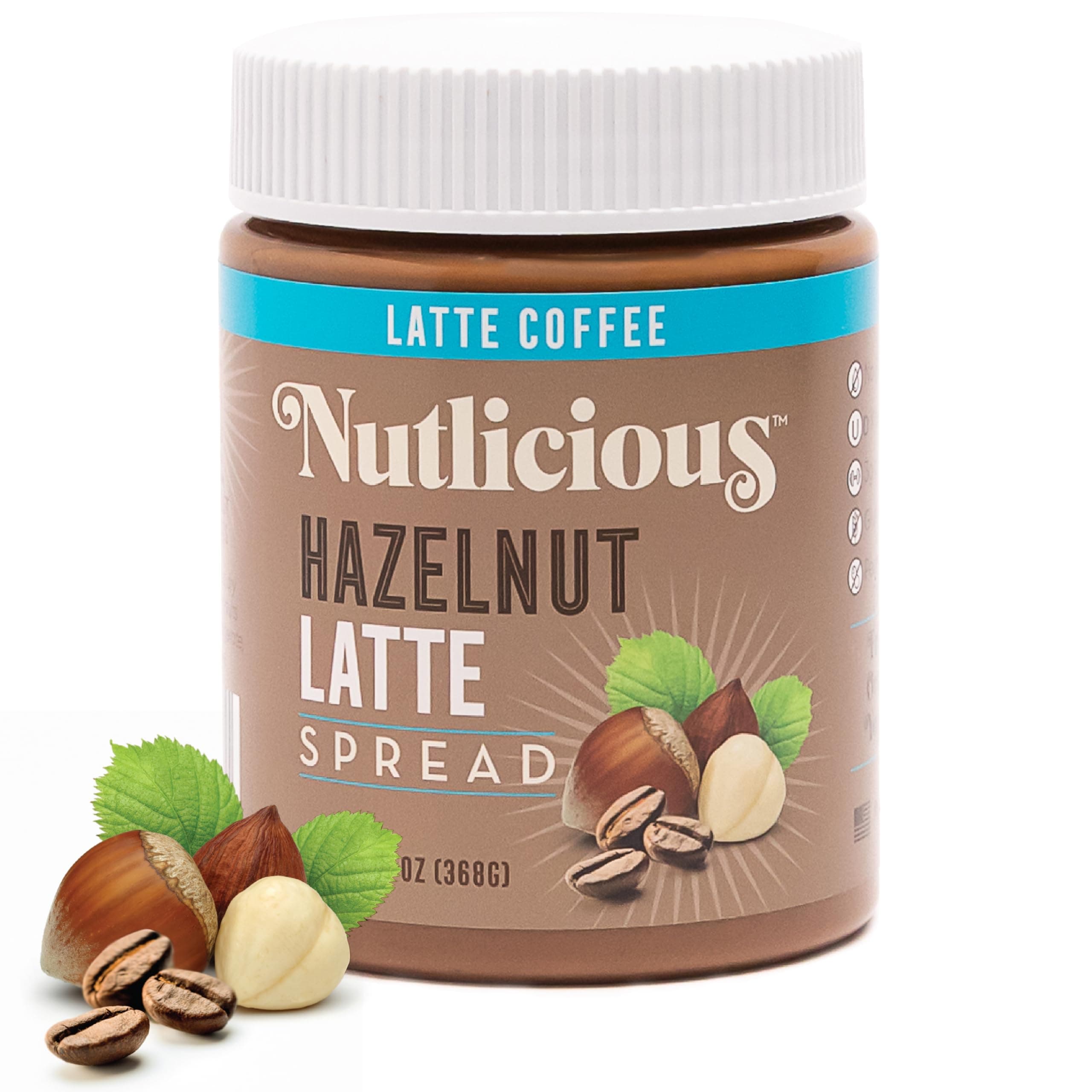 NUTLICIOUS Roasted Hazelnut and Roasted Coffee Latte Spread (13 oz), Spreadable Roasted Hazelnuts Infused with Rich Coffee, Made in the USA, No Palm Oil, 3g of Protein