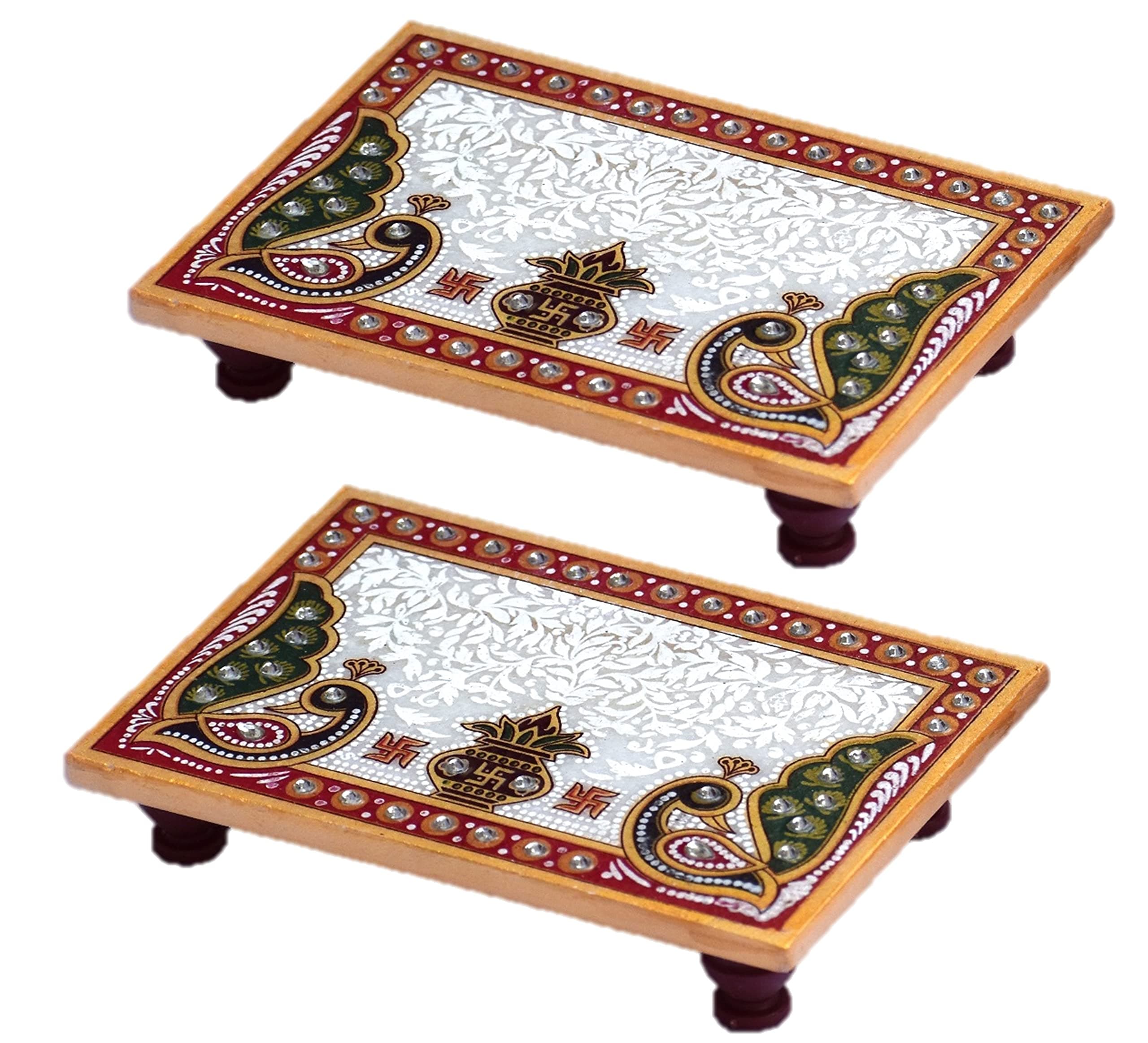 Mander Marble Rectangle Puja Chowki | Hand-Painted Kalash Peacock Art Design Small Marble Pooja Chowki for God Idols, Puja Mandir, Bajot and Decorations (Pack of 2,Size: 4" x 6" Inch)