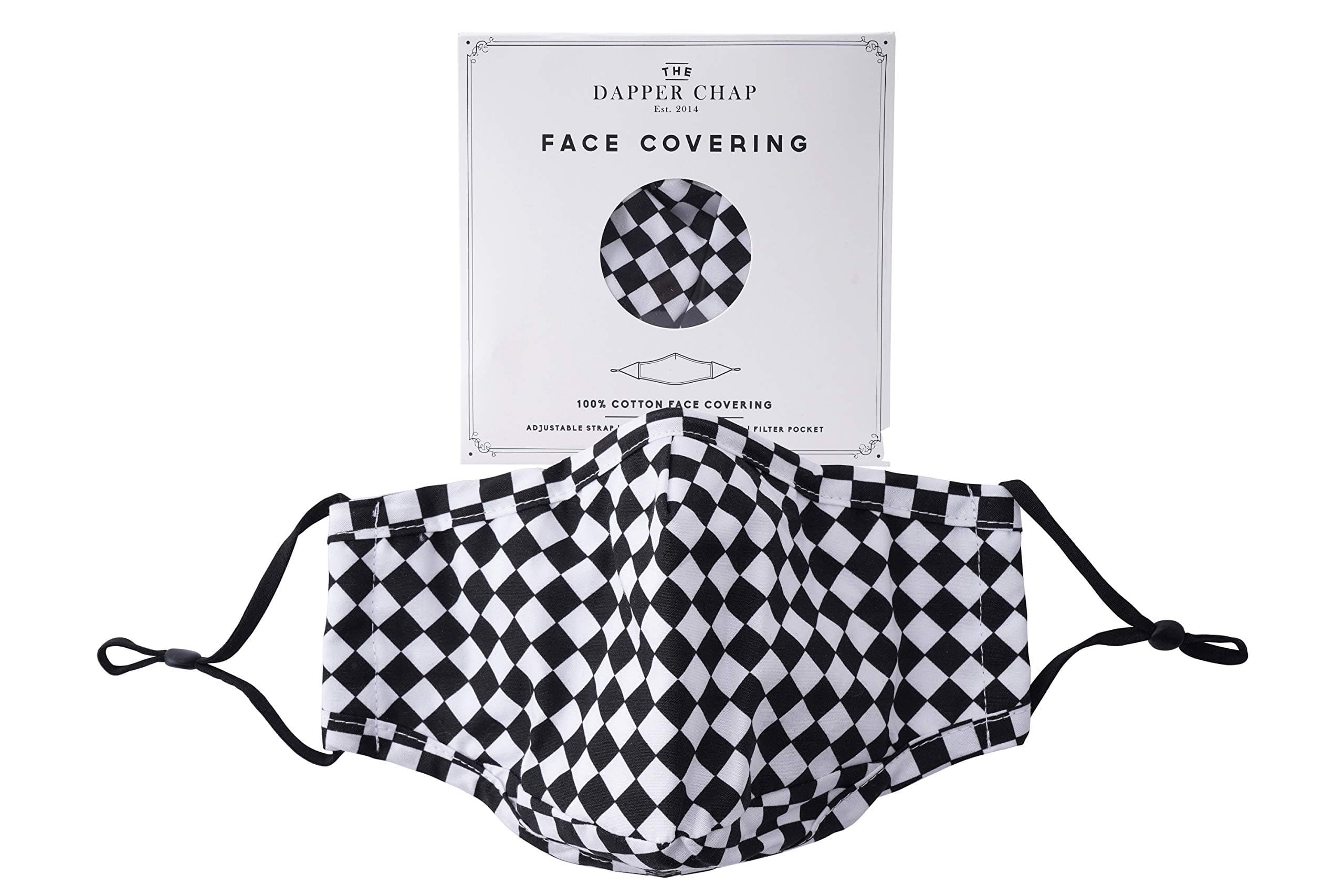The Dapper Chap Black Check Design Reusable Washable Face Covering | 100% Cotton With Nose Wire | Featuring Gift Box | Triple Layered Adjustable Ear Loop Straps | Filter Pocket | GB05625