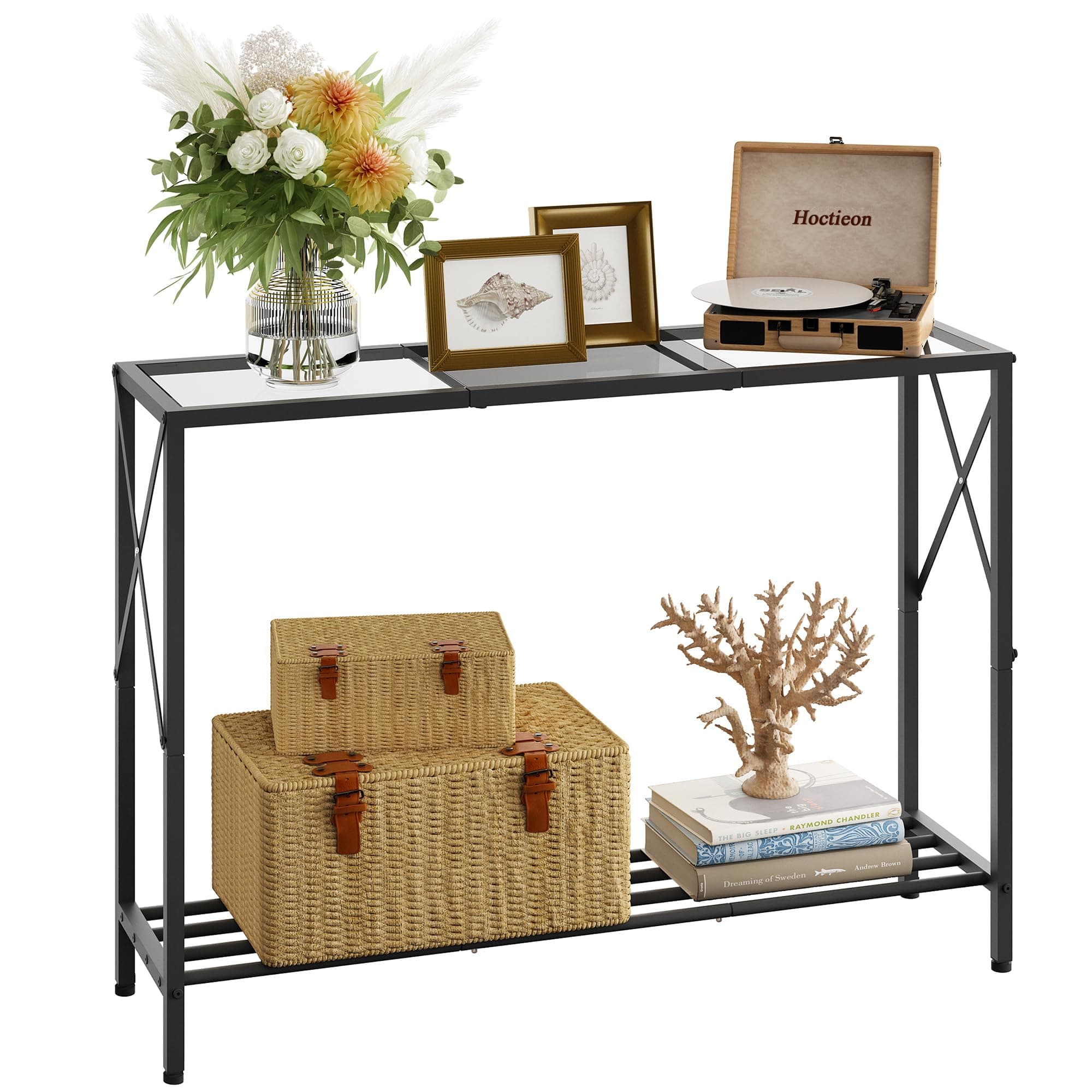 Hoctieon Tempered Glass Console Table, Black 2-Tier Console Tables for Living Room & Bedroom