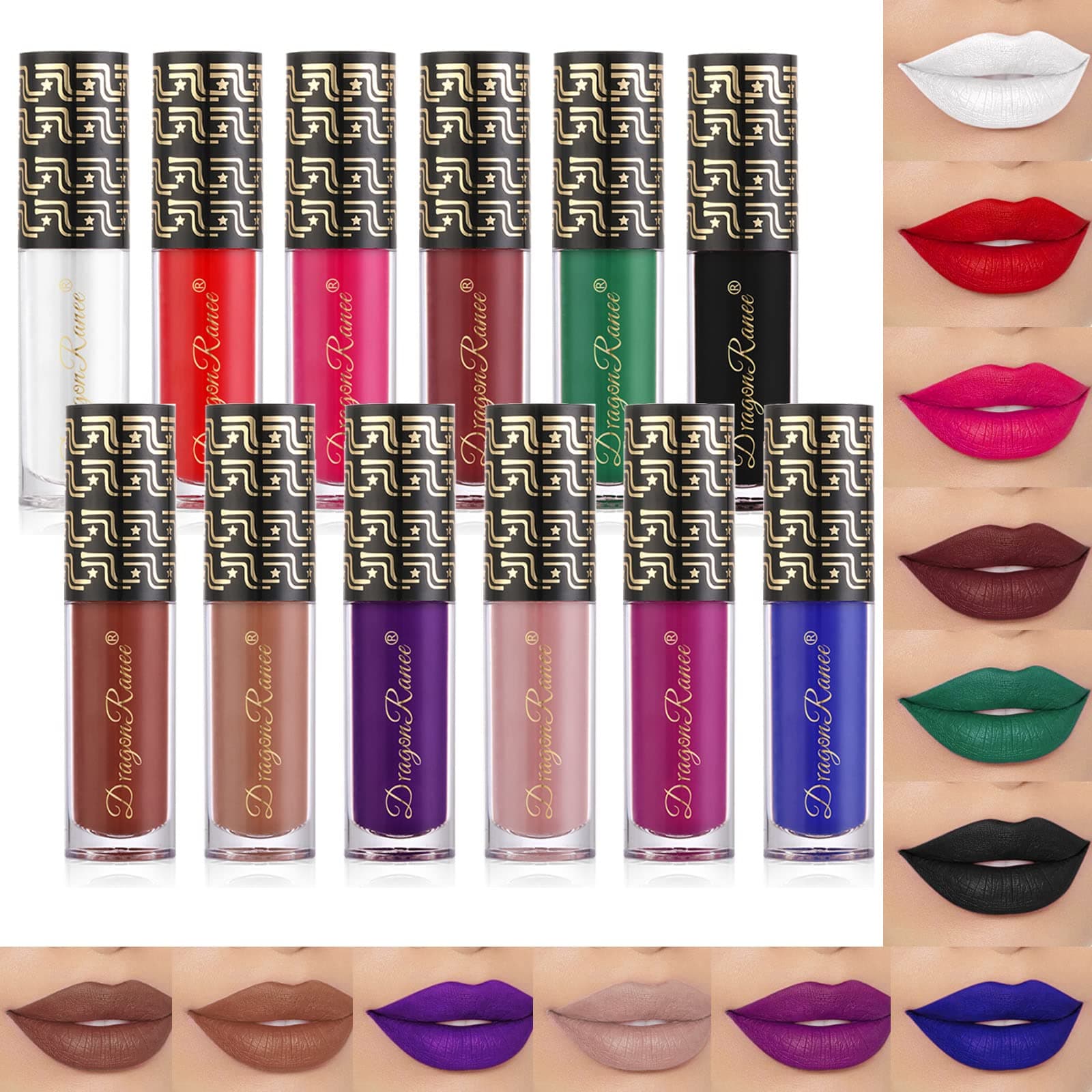 12Pcs Dark Liquid Lipstick Matte Sets, 24-Hour Smudge Proof Long Lasting Matte Lipstick Lip Stain Lip Gloss Set-White/Red/Vampire/Green/Black/Chocolate/Purple/Nude/Blue