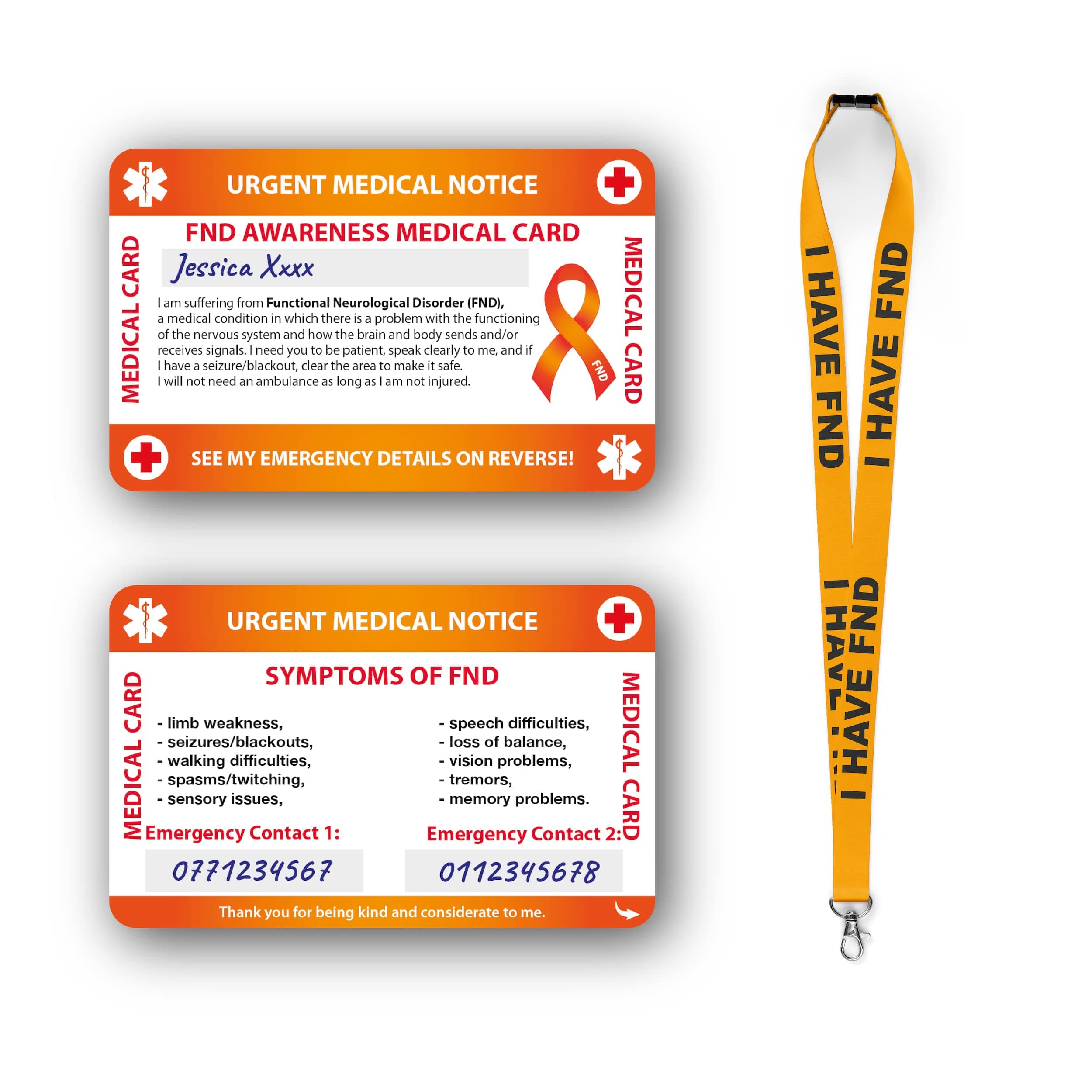 FND Medical Card with Writable Panel & Patterned Lanyard - Emergency Contact Card