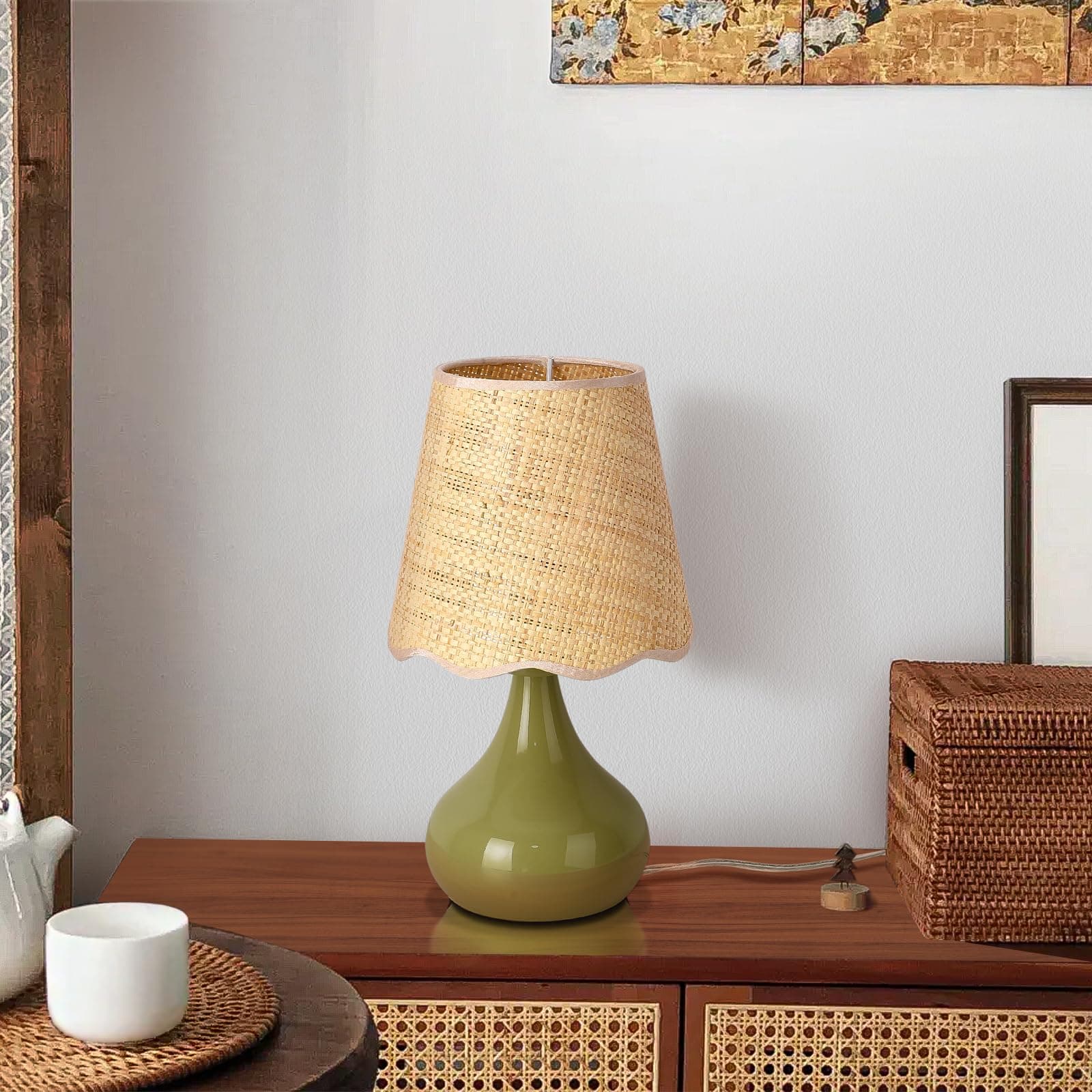 Green Cute Small Boho Table Lamp for Bedroom Bedside, Green Lamps for Nightstand, Scalloped Rattan Shade Table Lamps for Small Spaces for Bedroom, Home Office, Living Room, Kids Dorm