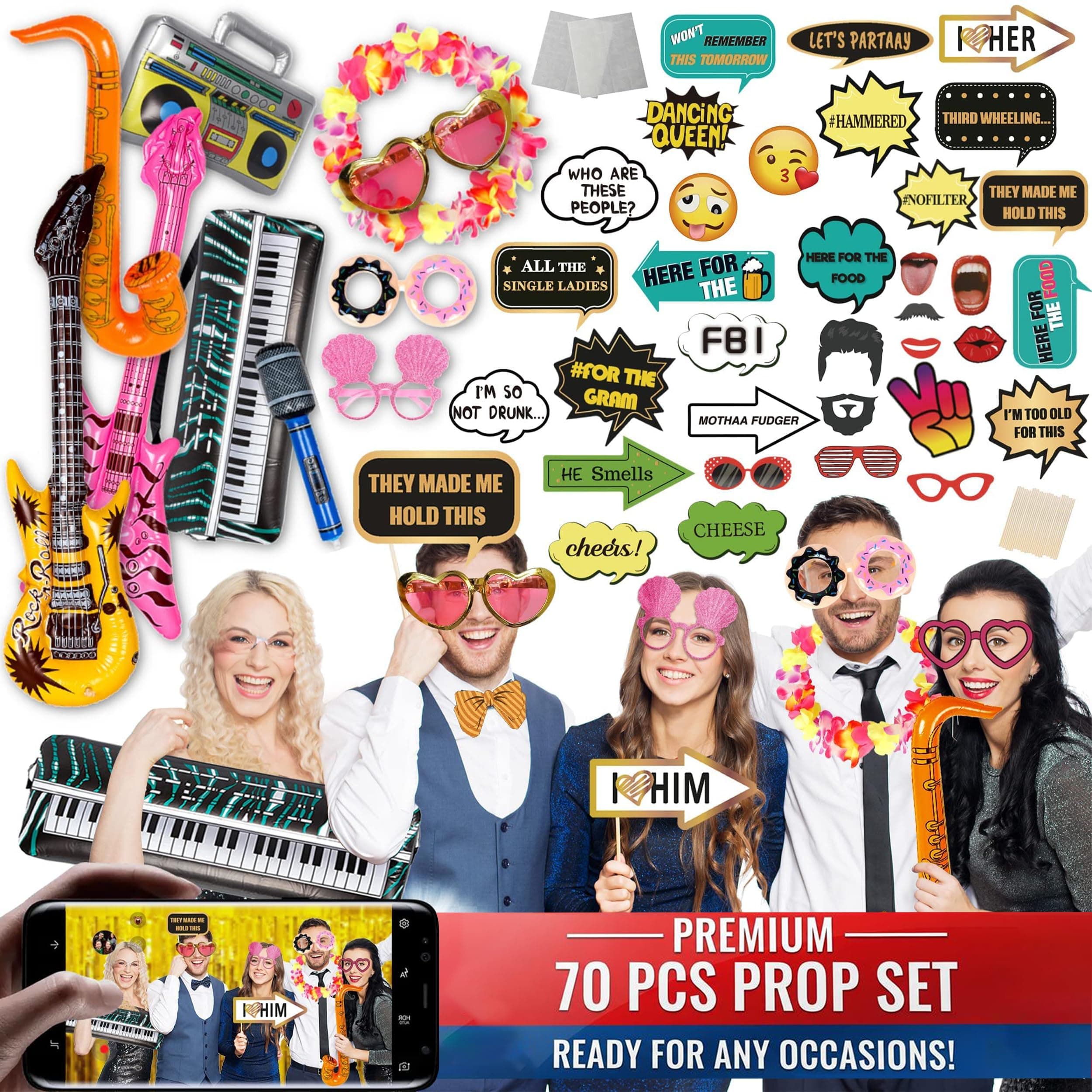 SOUL SHIFT 70 Pc Large Premium Photo Booth Props Set for All Occasions - Wedding Props, Birthday Props, Graduation Prop, Inflatables, Large Glasses, Multi-Colored Wig, Hawaiian Lei, Hand Pump