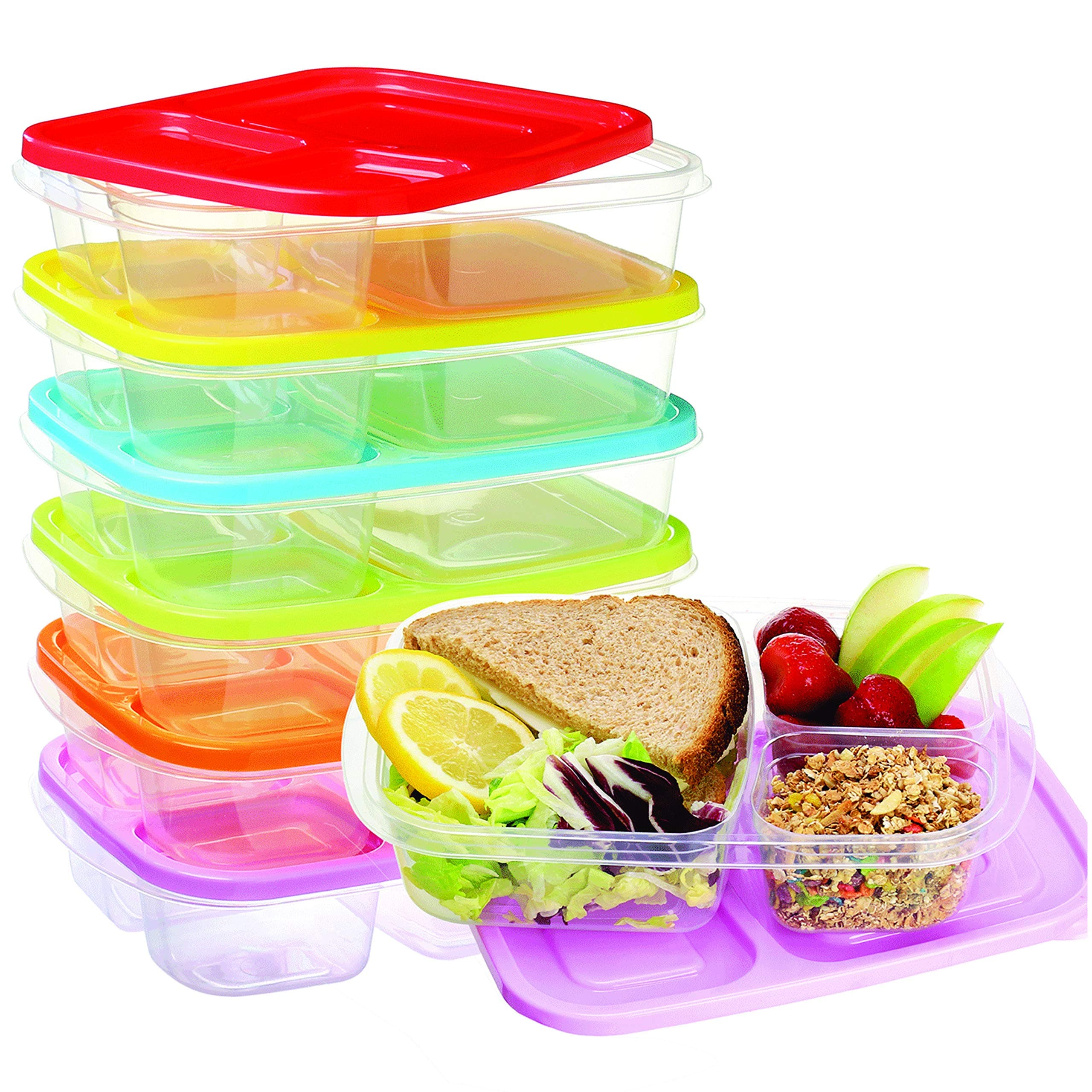 3 Compartment Lunch containers, sandwich container, Pack of 6, with Easy Open Colored Lids, Reusable Clear Plastic Bento Box, Divided Meal prep Food Storage Container set, Dishwasher & Microwave Safe