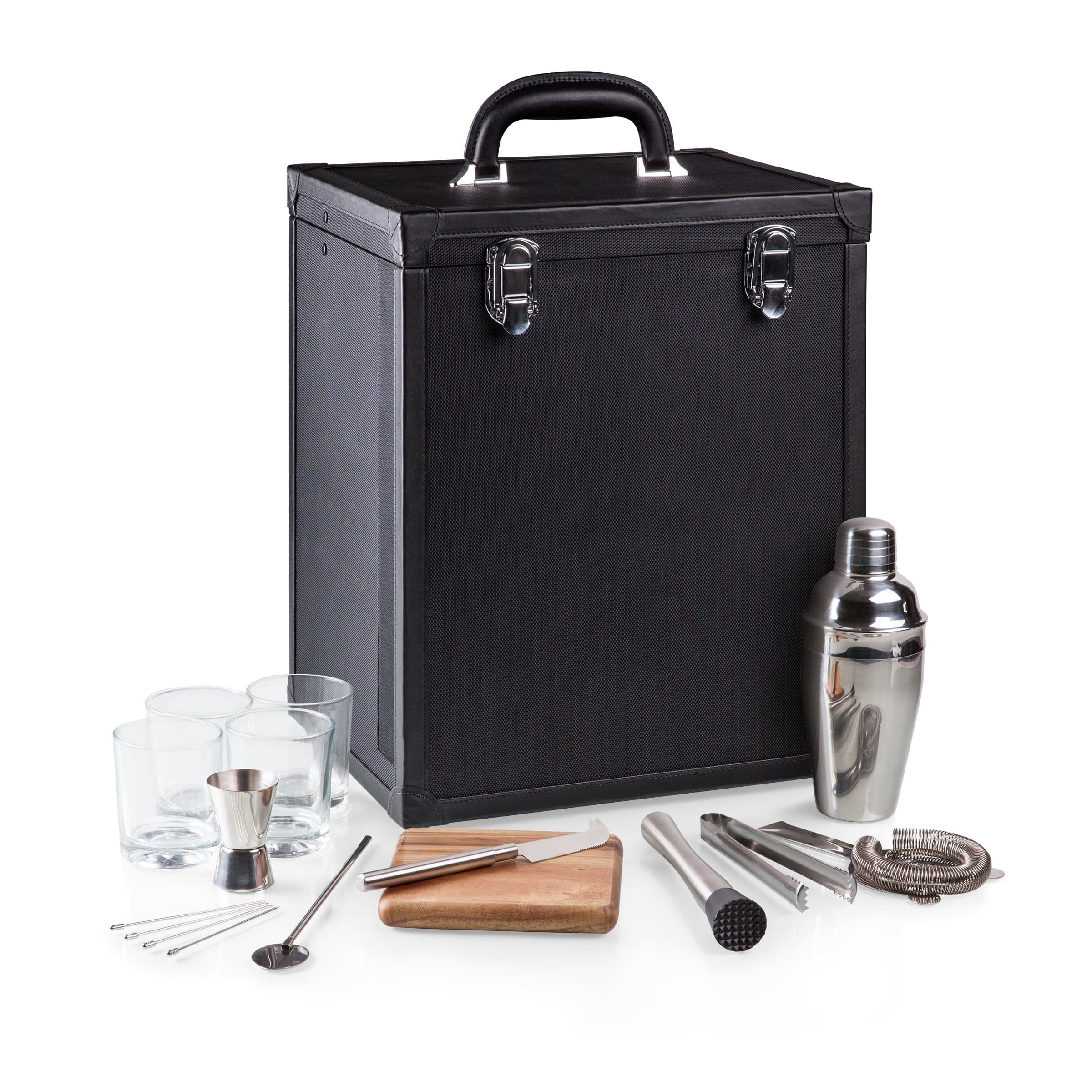 Hamilton Bartender Kit, Portable Bar Case with Cocktail Shaker Set, Professional Mixology Bartender Kit Stand, Cocktail Shaker Set with Leatherette Case and Service for Four (Black)