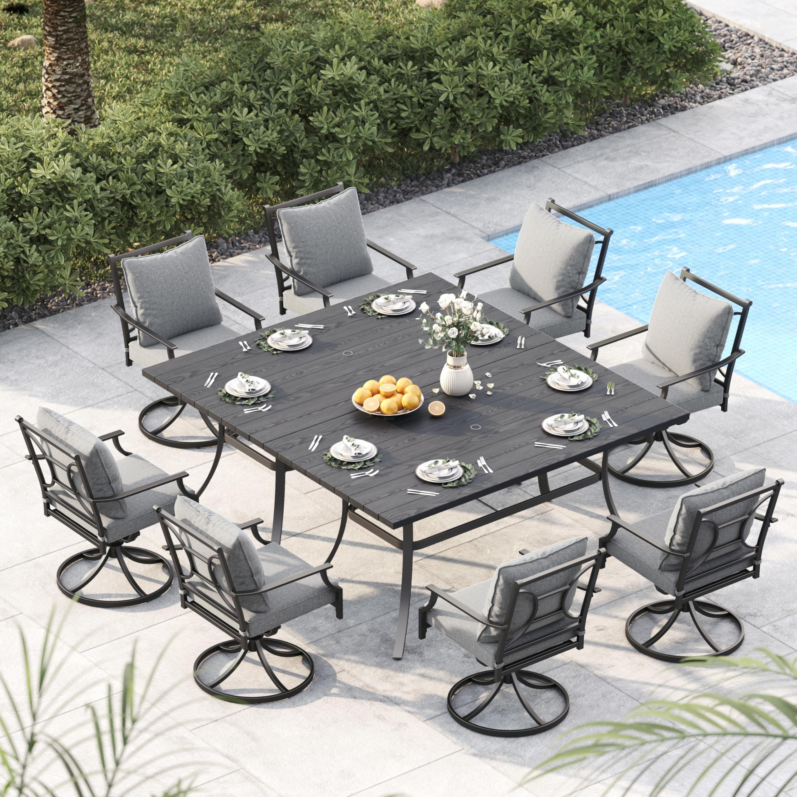 10-Piece Patio Dining Set for 8, 8 E-Coated Outdoor Dining Set Swivel Patio Dining Chairs with Olefin Cushions & 2 Rectangular Faux Woodgrain Table with 1.5”Market Umbrella Hole
