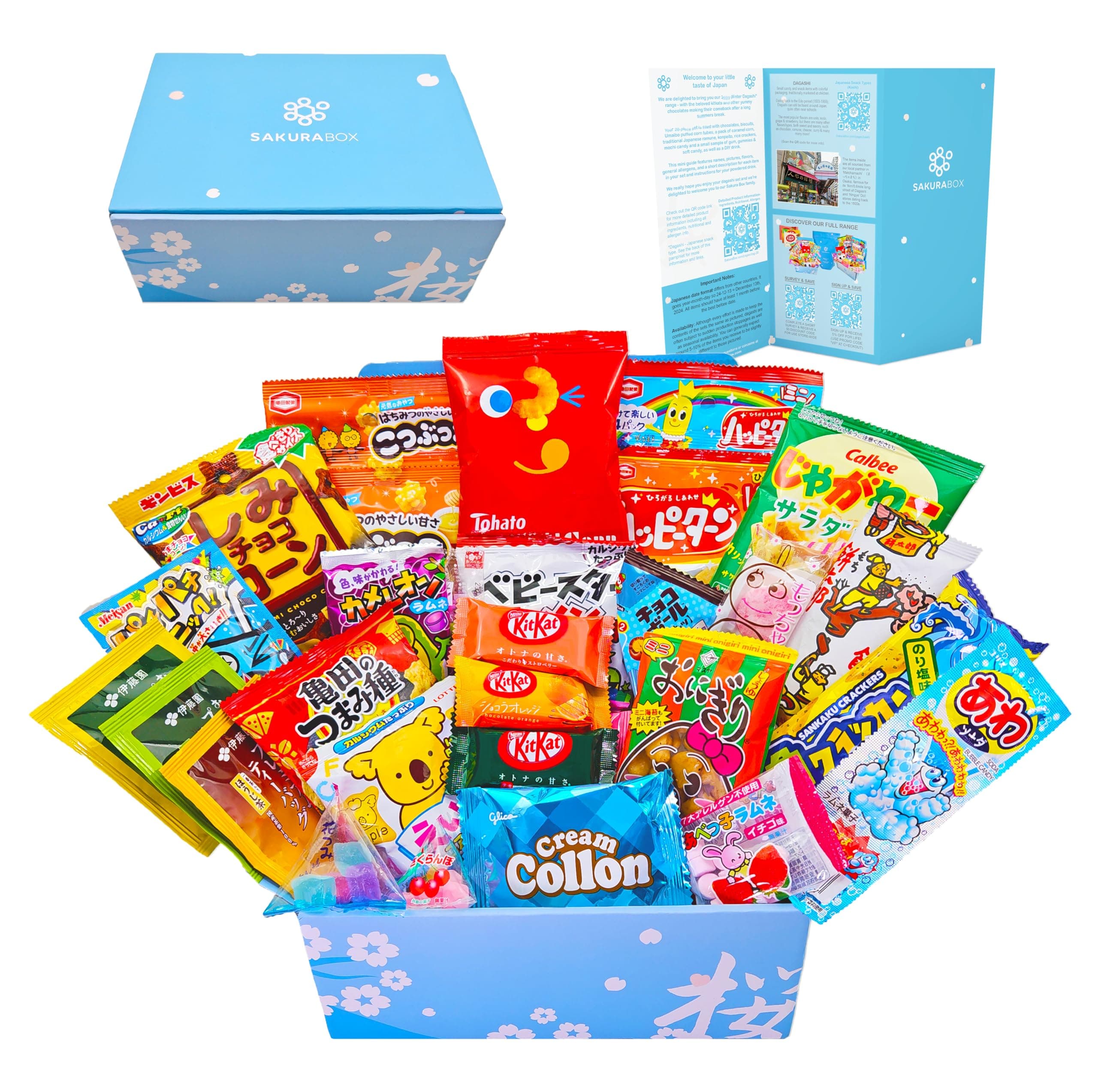 Sakura Box Japanese Candy & Snacks Okashi Share Pack Premium Okashi & Dagashi Food Ocha Drink