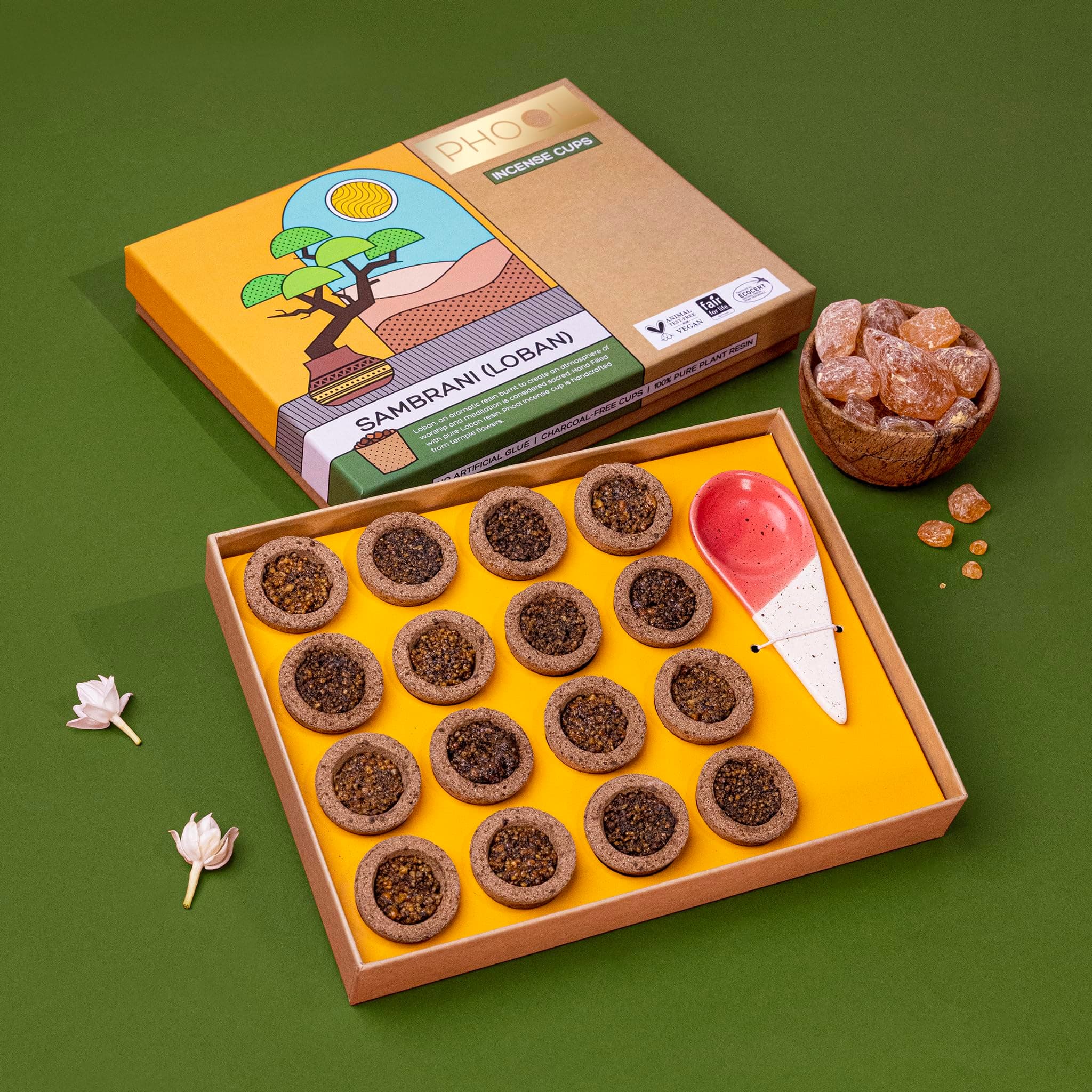 Phool Sambrani Dhoop Cups Navratri and Durga Pooja Havan,16 pcs + 1 Free Stand Certified Natural, Dhuni for Durga Pooja 100% Sambrani Fragrance (loban) Original Guggal Dhoop