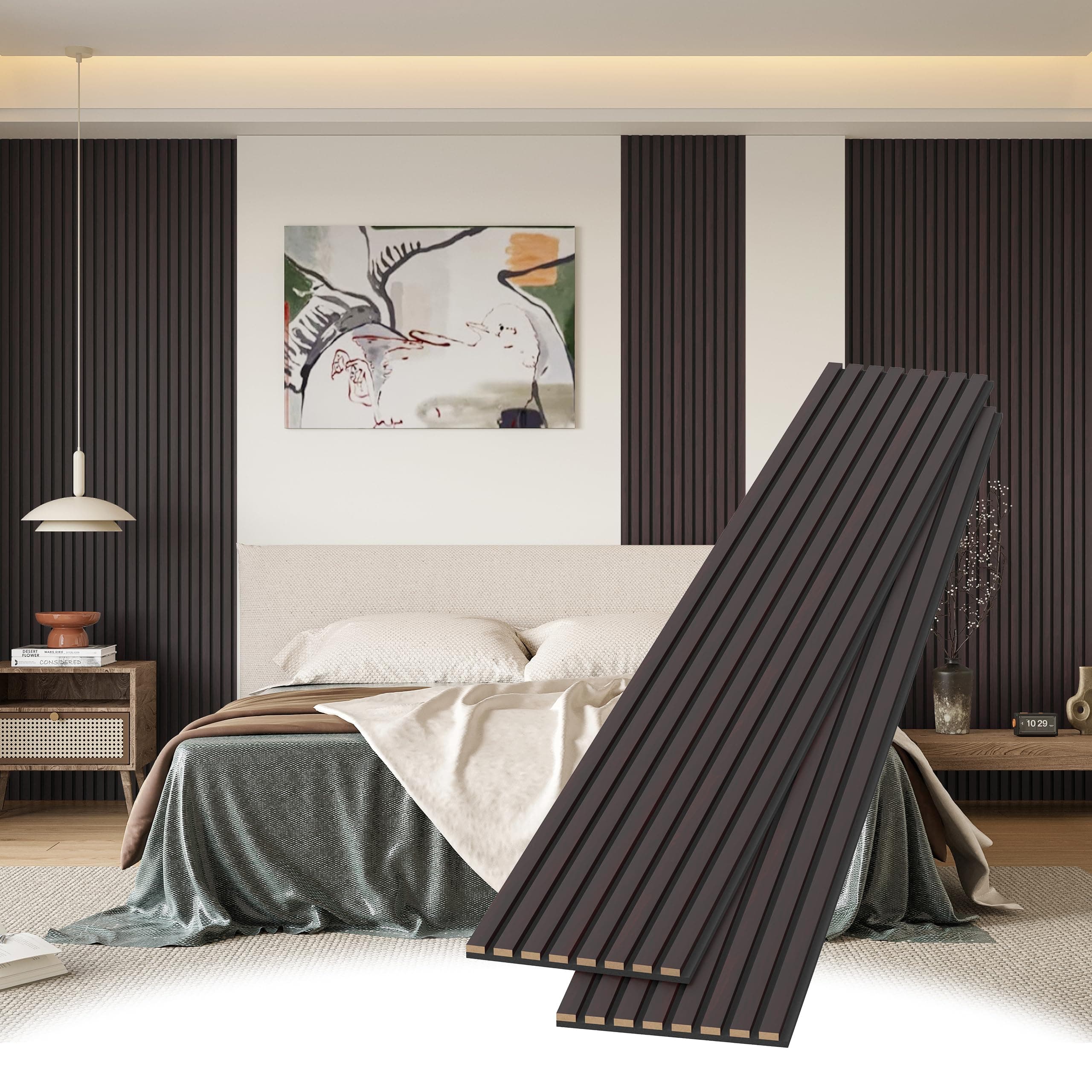 Wood Slat Wall Panels, 2 Pack 8 x 1 ft Decorative Wood Panels for Wall,Stylish Wall Panels for Interior Wall Decor, Modern Acoustic Wood Wall Panels with Felt Backing, Black-Brown Oak