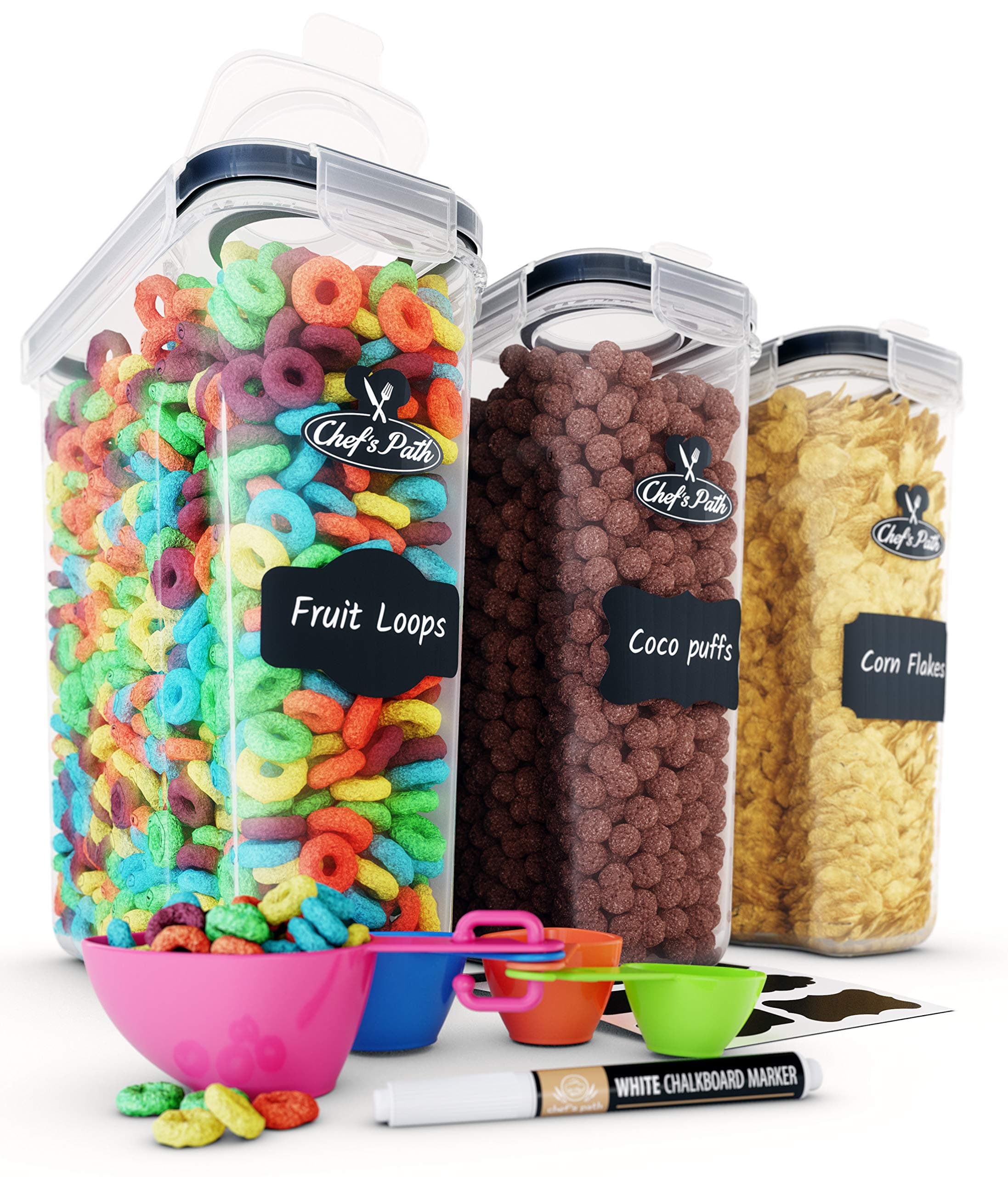 Chef’s Path Cereal Storage Container Set - 100% Airtight Best Food Storage Containers, 8 FREE Chalkboard Labels & Pen, Great for Flour, Sugar & More - BPA Free Dispenser Keepers (16.9 Cup 135.2oz) 3PC