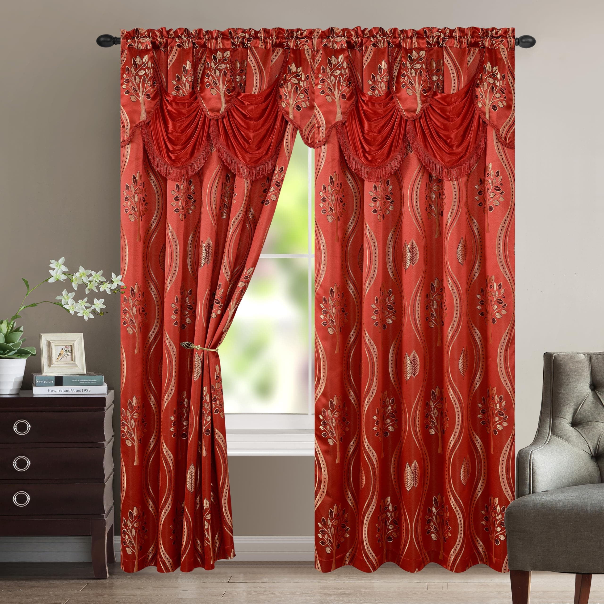 Elegant Comfort Luxurious Beautiful Curtain Panel Set with Attached Valance and Backing 54" X 84 inch (Set of 2), Red