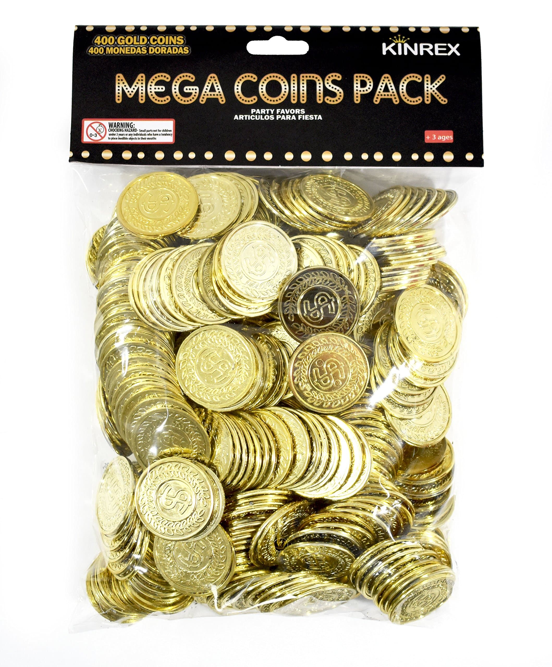 KINREX Plastic Gold Coins – St Patricks Day Realistic Bulk Prop Money for Kids, Toddler, Party, Games, Crafts, Reward, Teachers, Classroom Pretend Play Toys, 400 Count Fake Coins Set