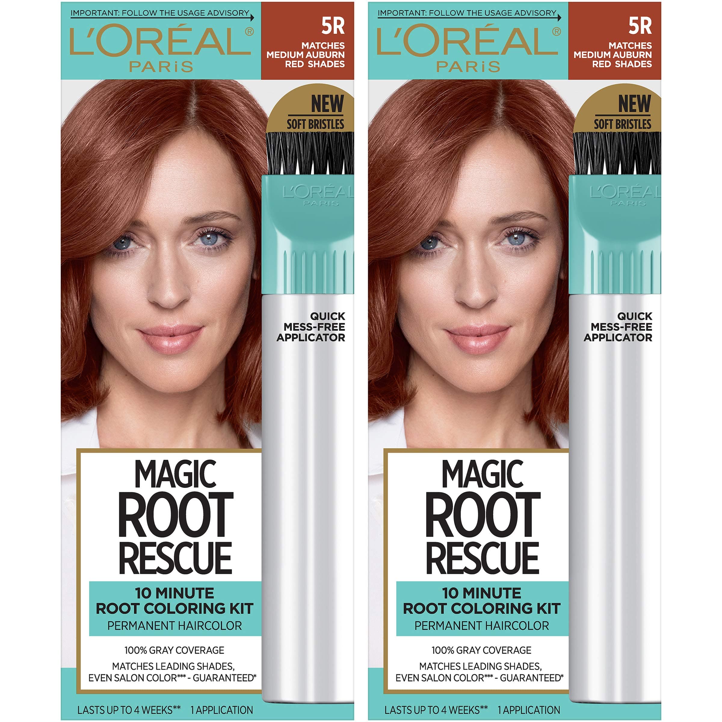 L'Oreal Paris Magic Root Rescue 10 Minute Root Hair Coloring Kit, Permanent Hair Color with Quick Precision Applicator, 100% Gray Coverage, 5R Medium Auburn Red, 2 count