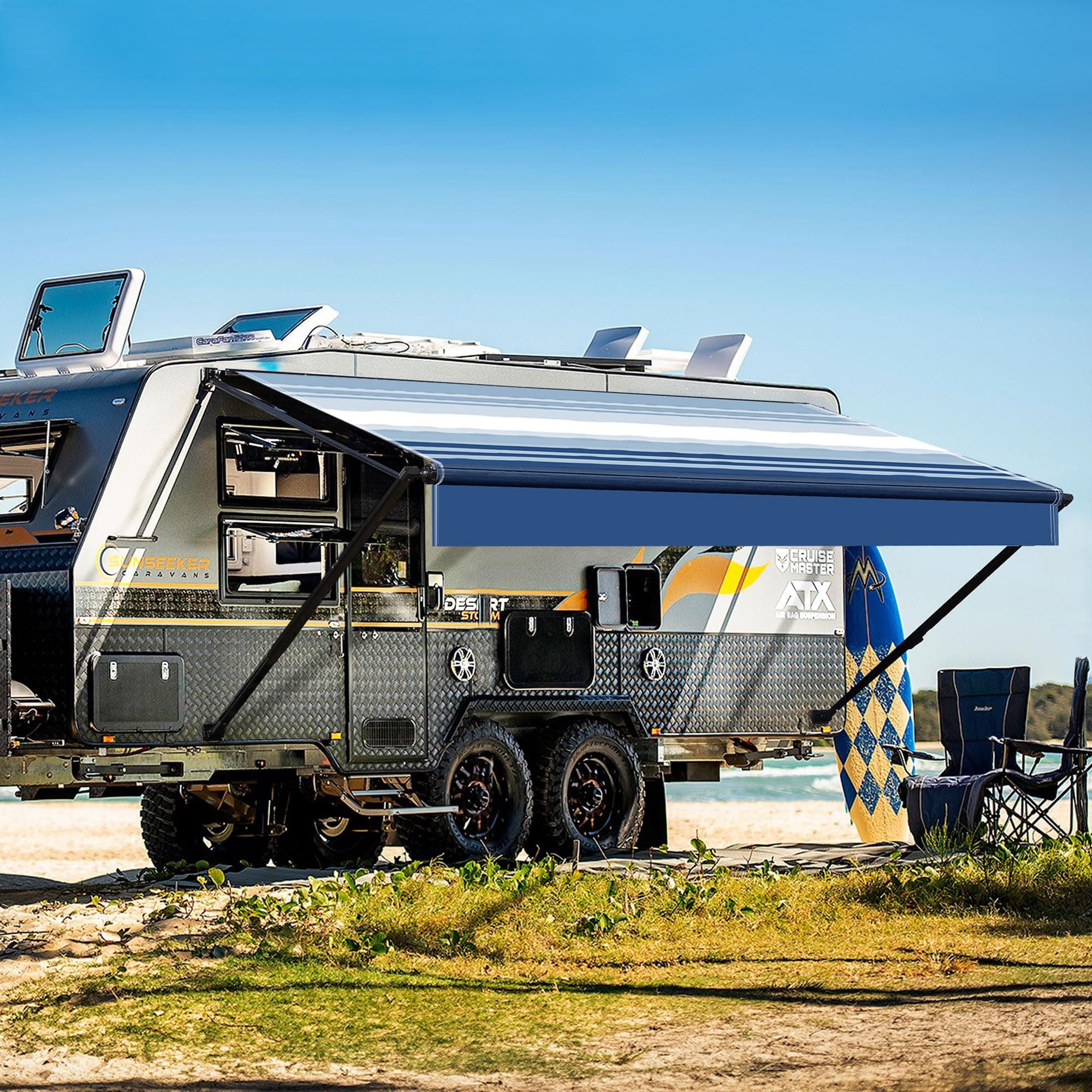 YESCAMP Manual RV Awning Complete Kit Retractable Camper Awning for RV or Trailers RV Roll Out Awning for Camper or 5th Wheel,Travel Trailers,Toy Haulers,Motohome(16Ft,Black Frame,Blue Stripe)