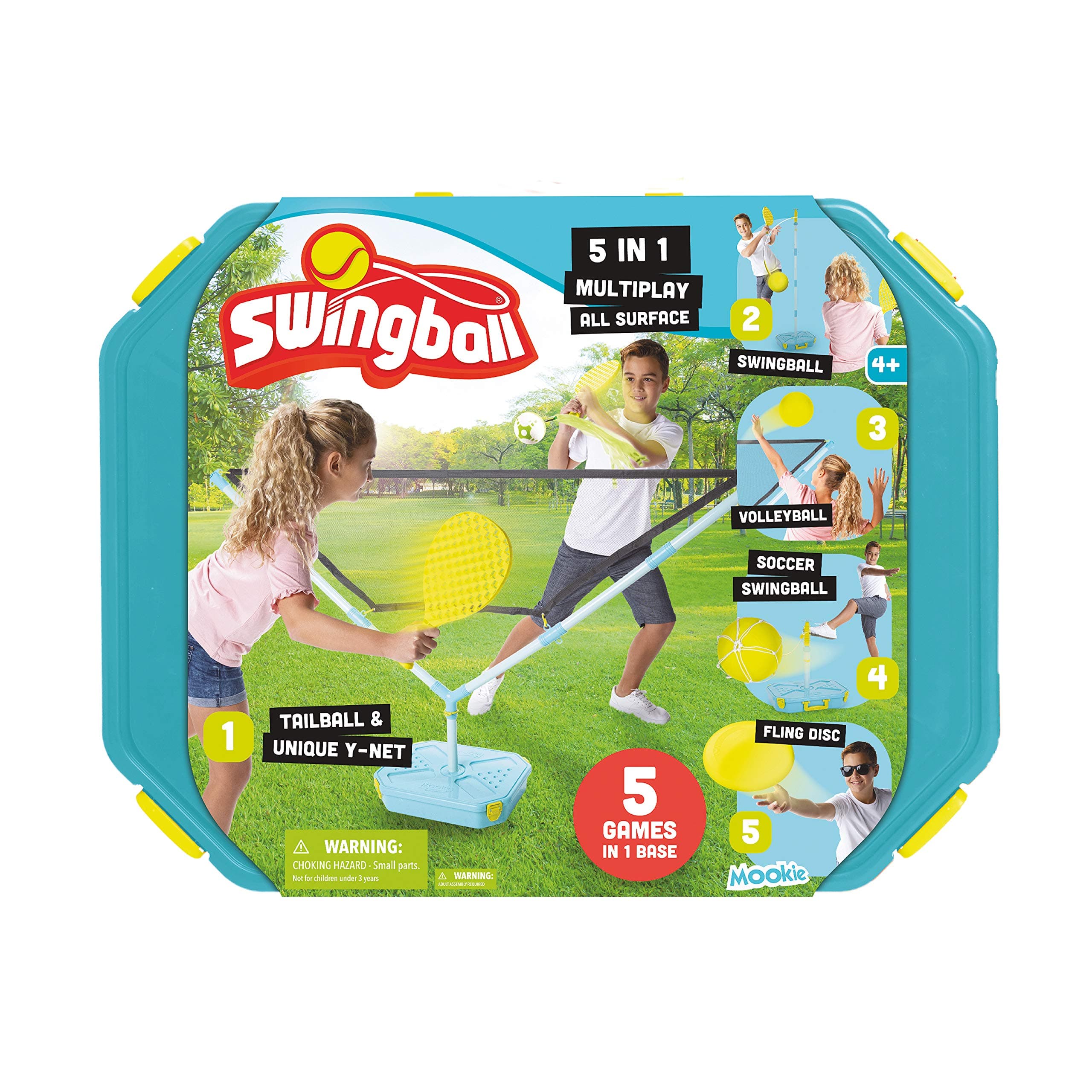 Swingball 5 in 1 Outdoor Game Set - Includes Tether Tennis, Tetherball, Volleyball, Tether Soccer, Tailball & Flying Disc, Blue Yellow, MK7276