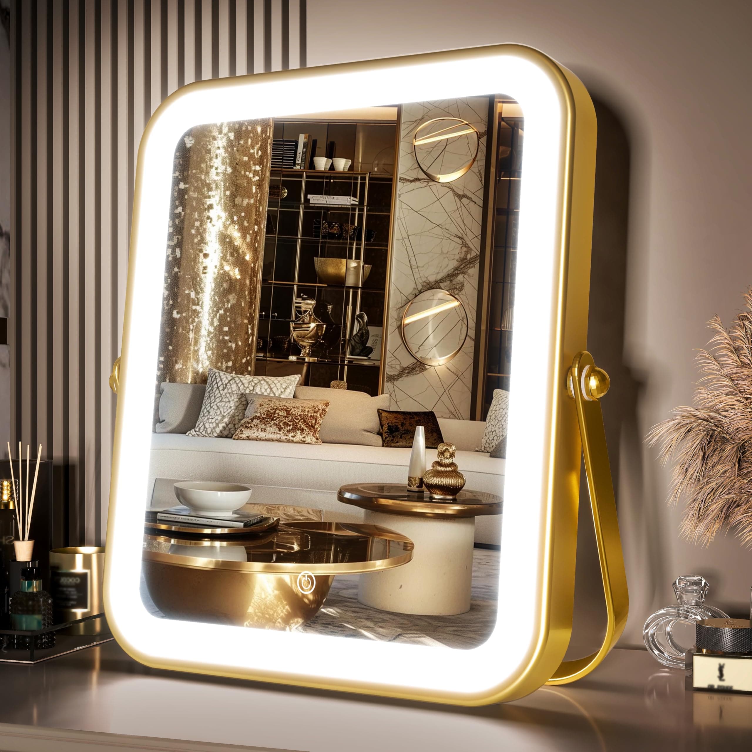 PRIMETEK Vanity Mirror with Lights, 10"x8" LED Lighted Makeup Mirror, Portable Makeup Mirror with Lights, Touch Screen, 3-Color Lighting, for Vanity Desk Tabletop, Bedroom