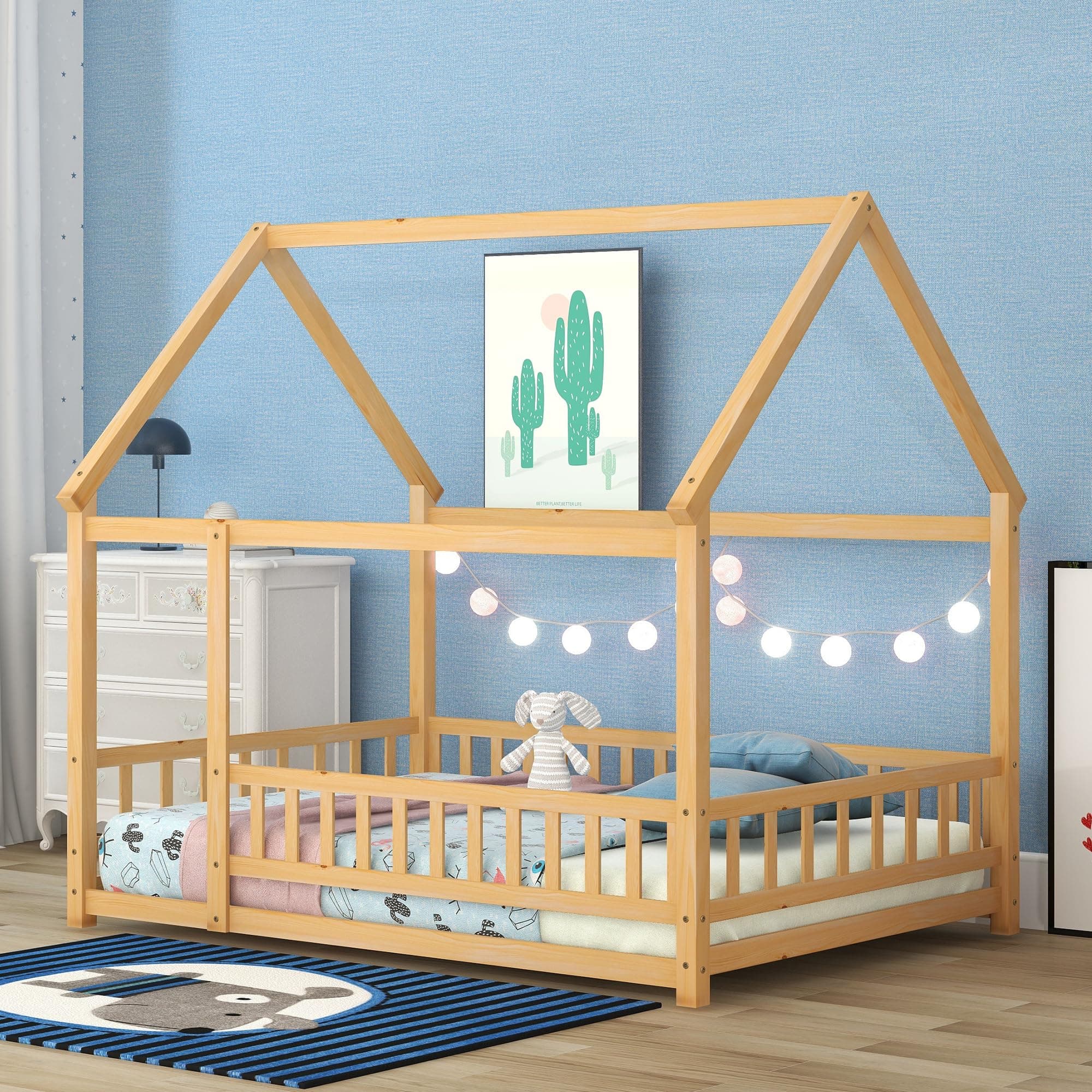Bellemave Full Size House Bed for Kids,Solid Wood Floor Bed, Montessori Floor Bed with Fence and Roof,Playhouse Full Bed Frame for Girls,Boys(Full,Natural)