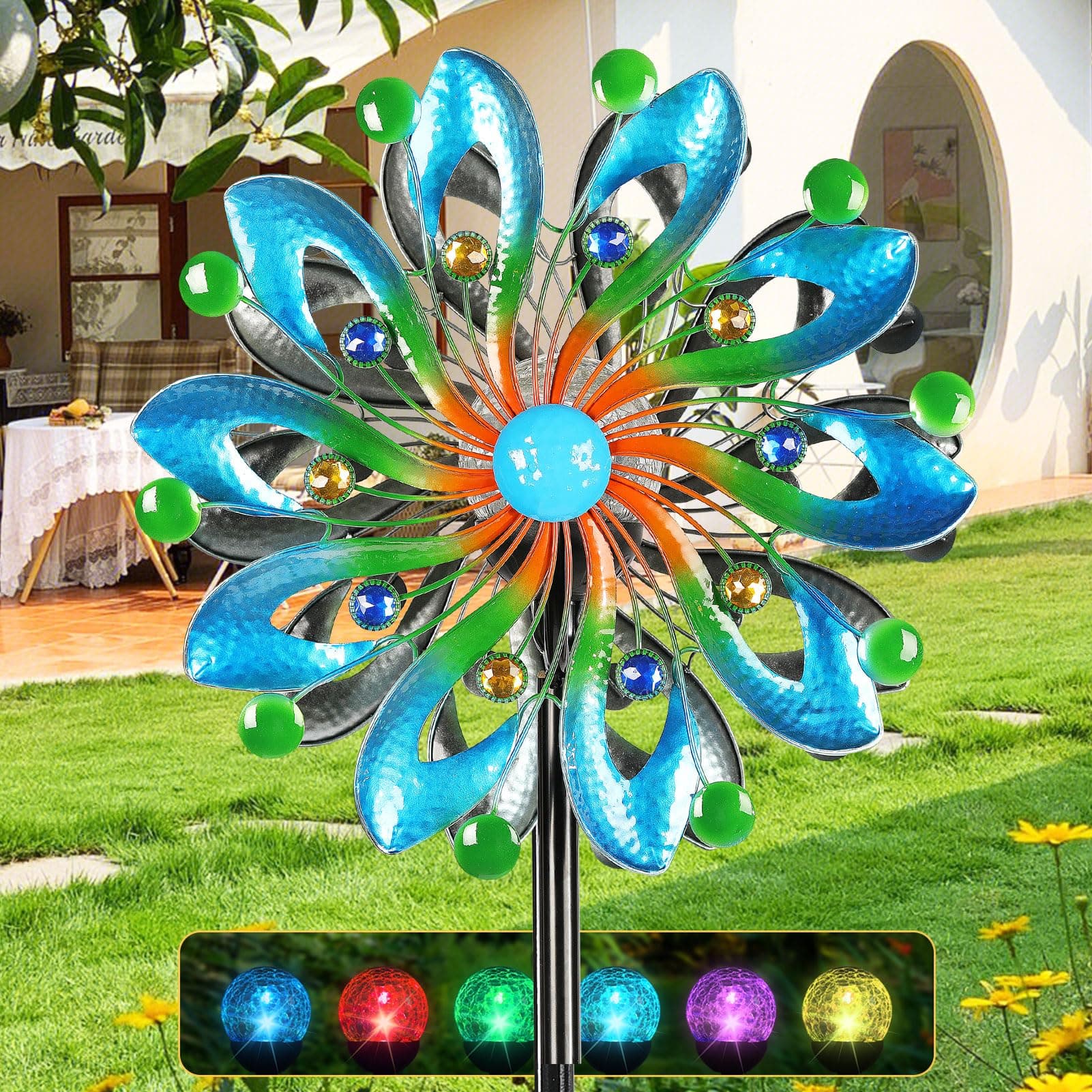 MLKNK Wind Spinners for Yard and Garden - Wind Sculptures & Spinners, 75 Inch, Navy Blue, Kinetic Art with Solar Powered Multi-Color Glass Ball Light