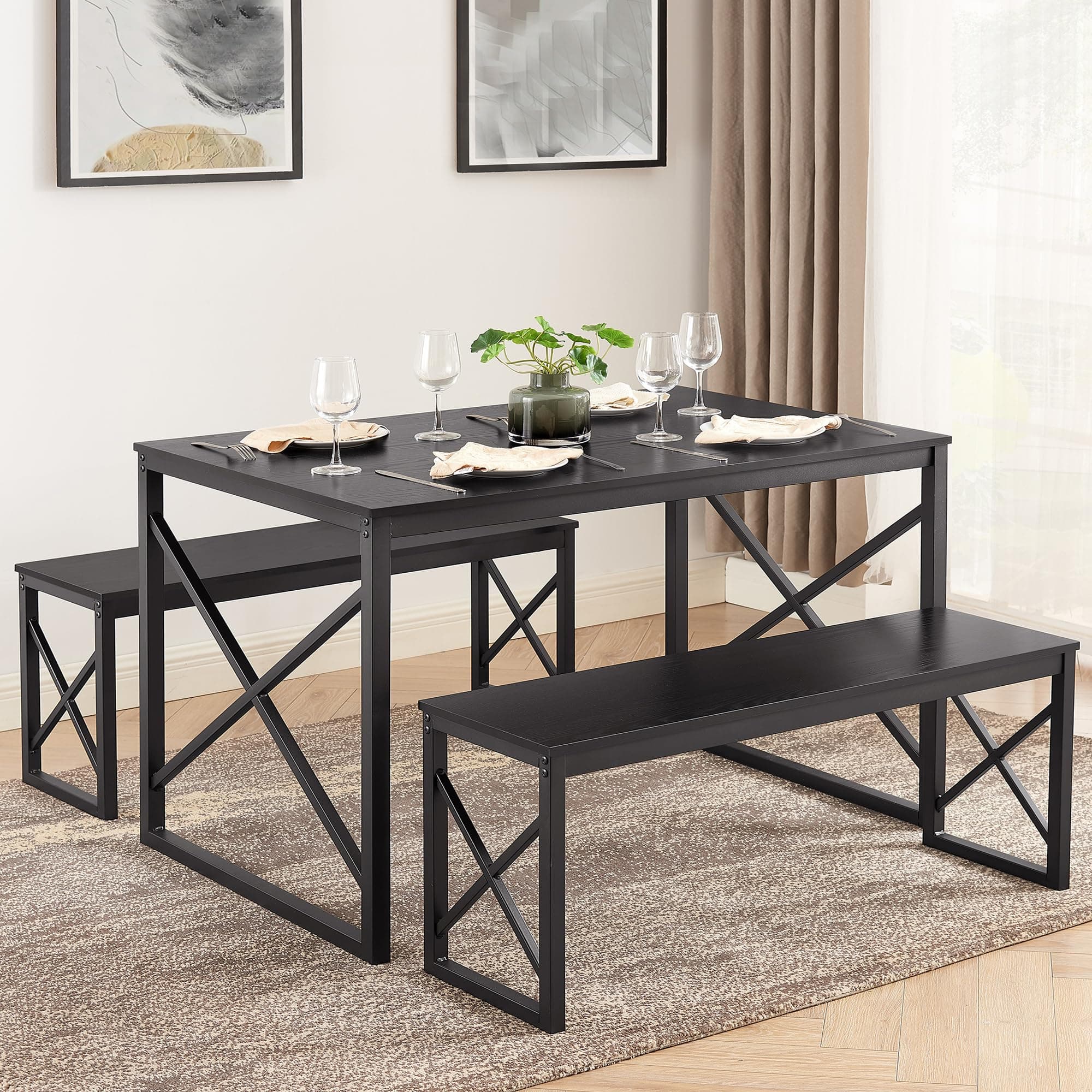 VECELO Kitchen Table with 2 Benches for 4, Wood Dining Room Dinette Sets with Metal Frame for Breakfast Nook and Small Space, Black