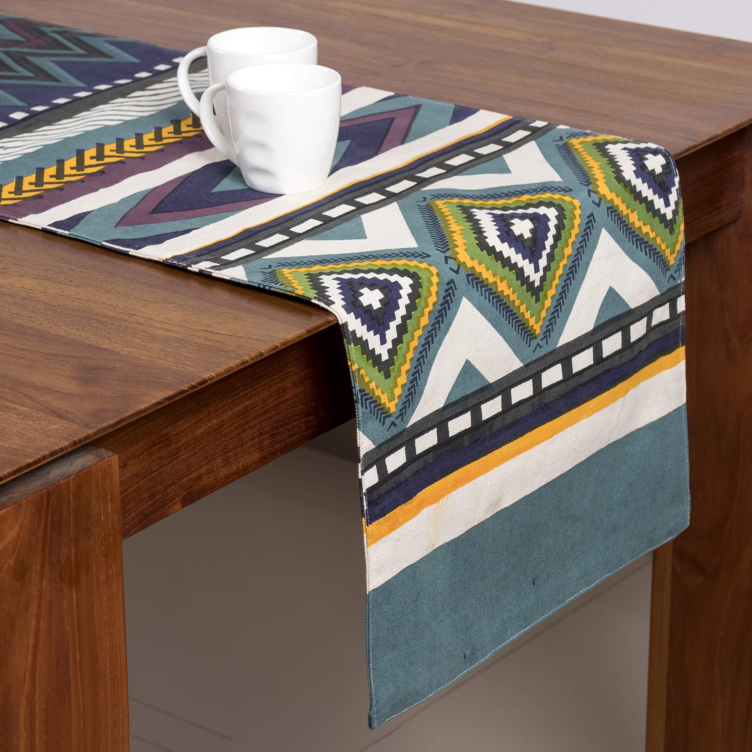 Fireflies Geometrical Design Cotton Canvas Long Table Runner, for Office Kitchen Dining Party (Pack of 1 Blue)