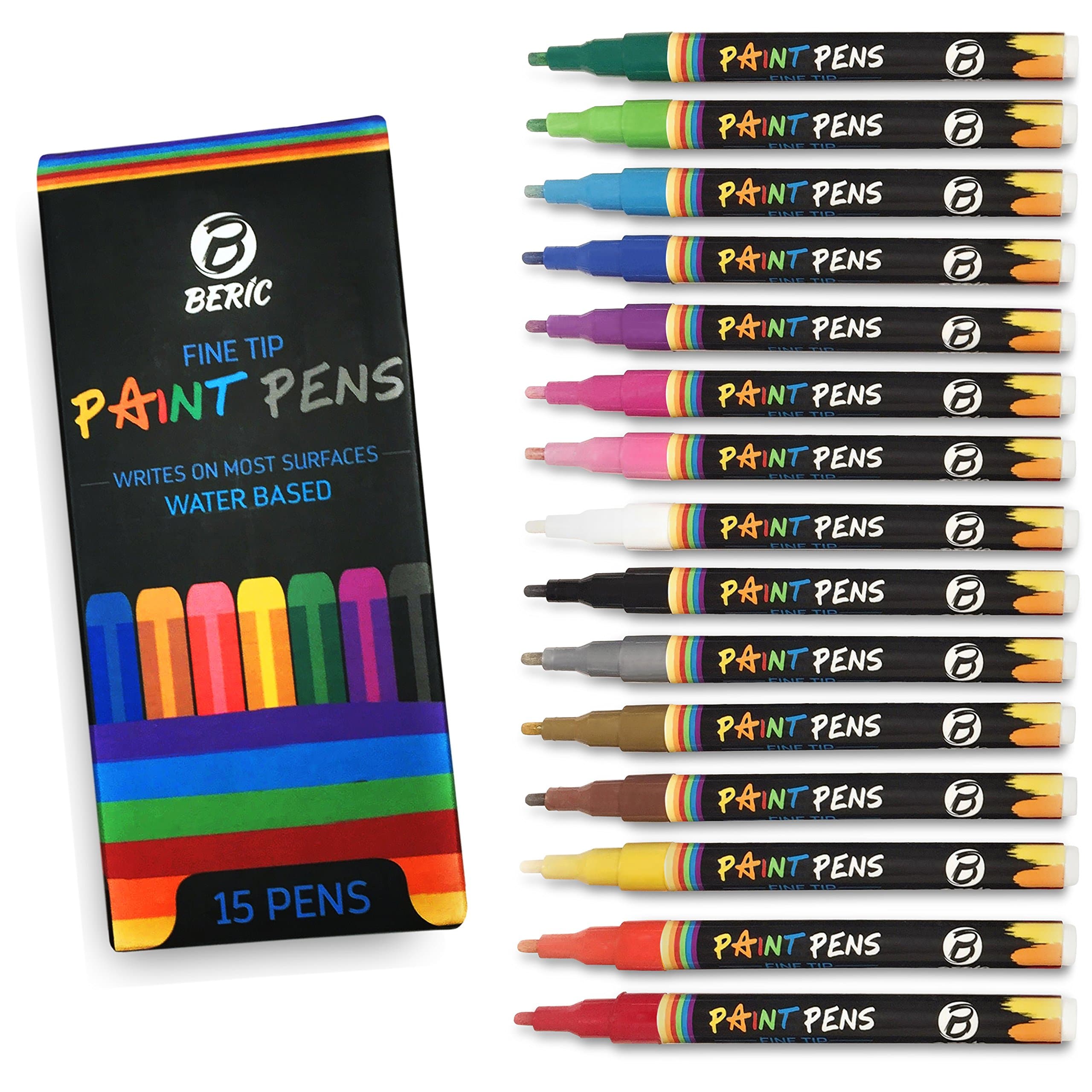 Beric Premium Paint Pens 15 pack, Water-based, Marker, Fine Tip, Writes on Almost Anything, Water and Sun Resistant Vibrant Colors Low Odor Long Lasting, Fast Drying Assorted Colors