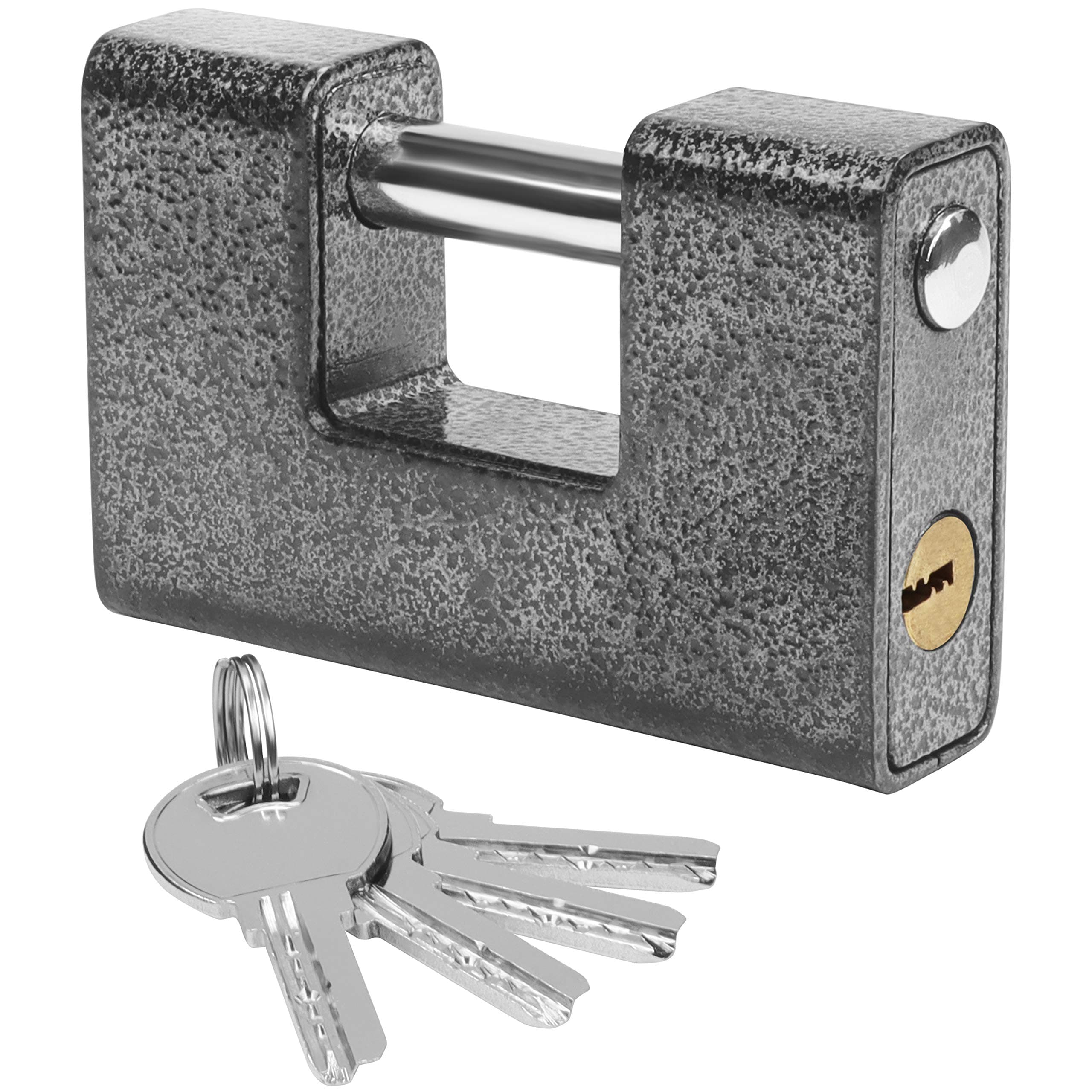 Heavy Duty Padlock with 4 Keys - Hardened Solid Steel Hardware Monoblock Lock - 12mm Thick Shackle - Protector Lock for Garage Door, Containers, Sheds, Shutters, Lockers, Gates and Warehouses