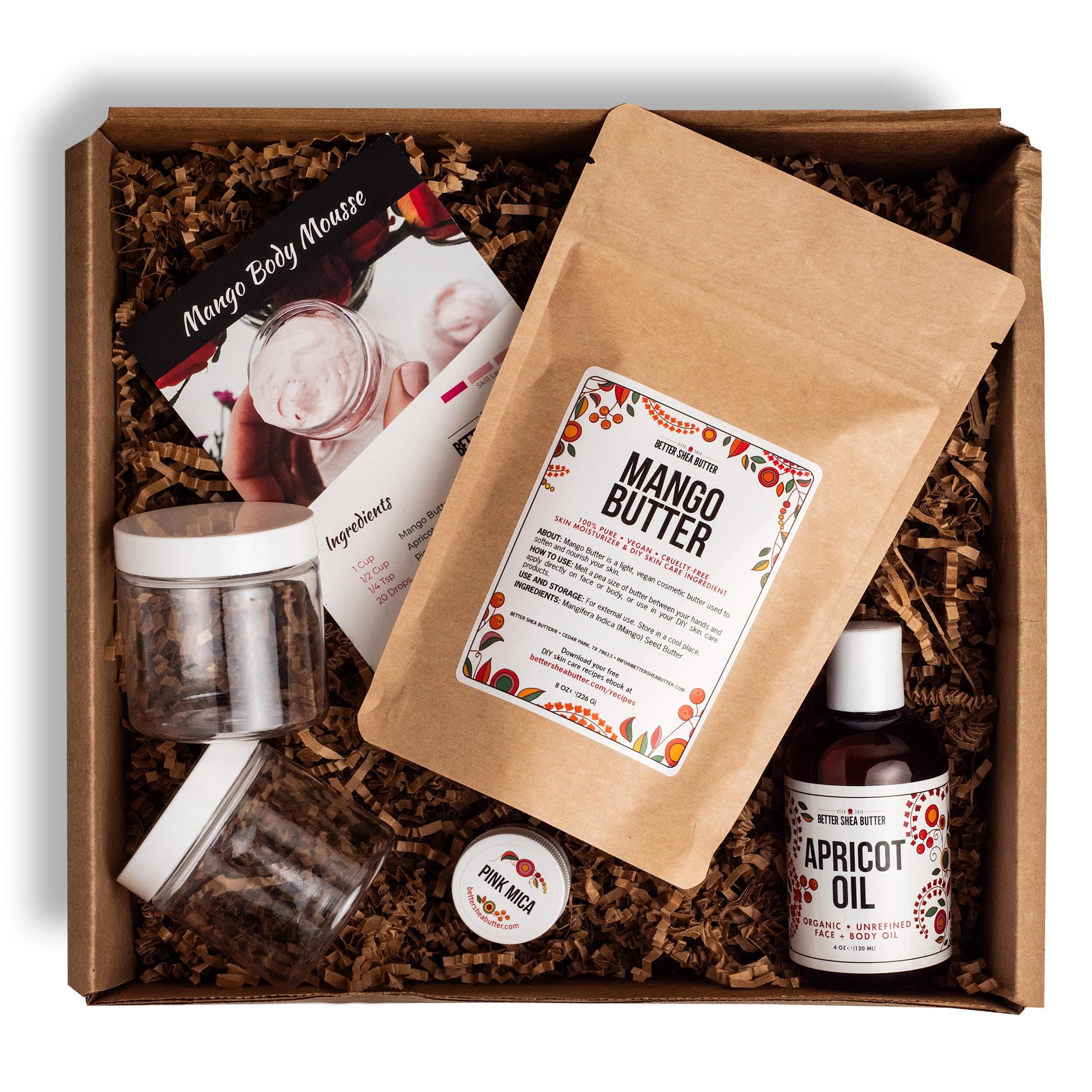 Body Butter Making Kit - Includes Raw Mango Butter, Raw Apricot Oil, Pink Mica, 2 jars and Recipes Card with Link to Video Tutorial - Natural Whipped Mango Body Lotion Making Kit