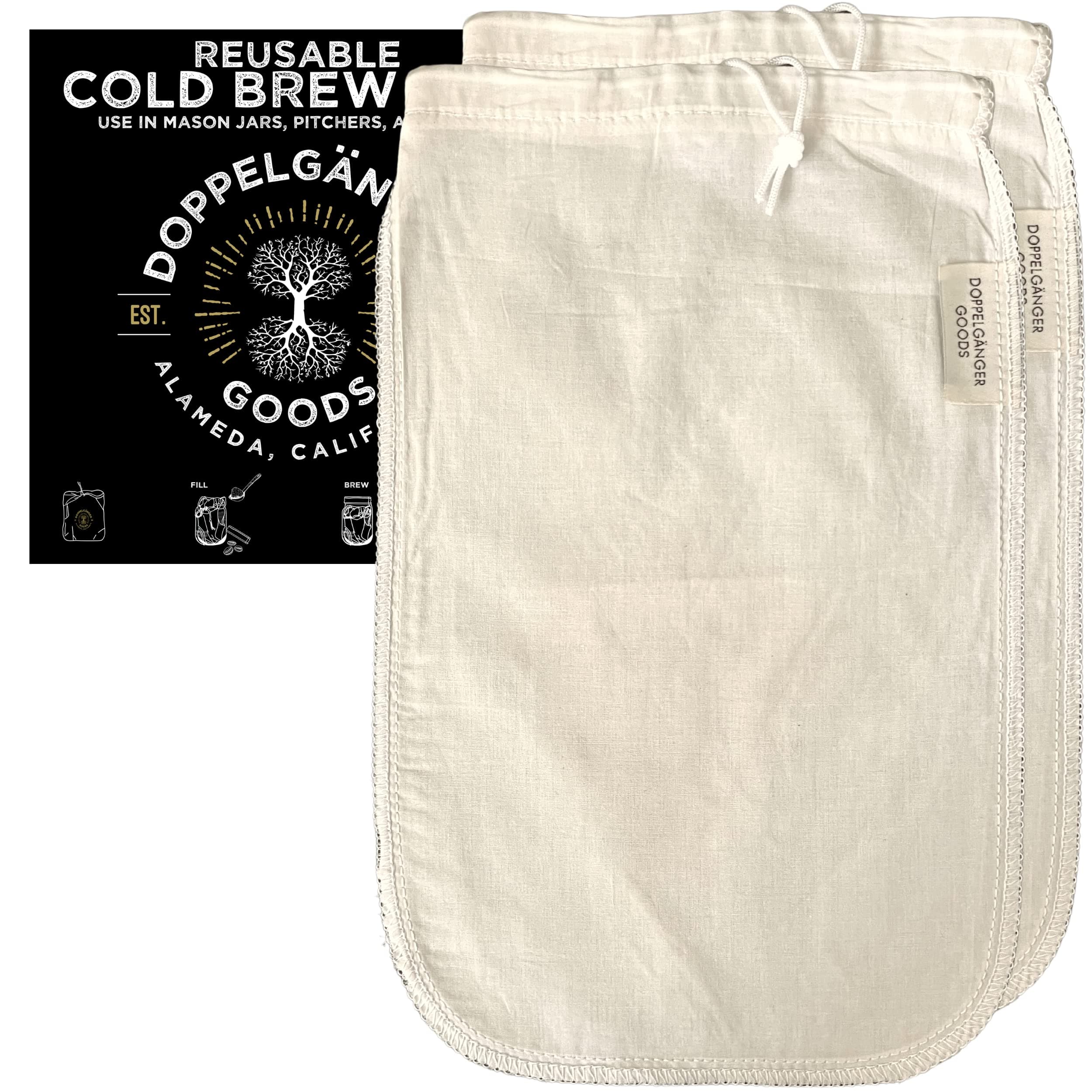 (2-Pack, Medium 8in x 12in) Organic Cotton Cold Brew Coffee Bag - Designed in California - Reusable Coffee Filter with EasyOpen Drawstring Cold Brew Maker for Pitchers, Mason Jars, Toddy Systems