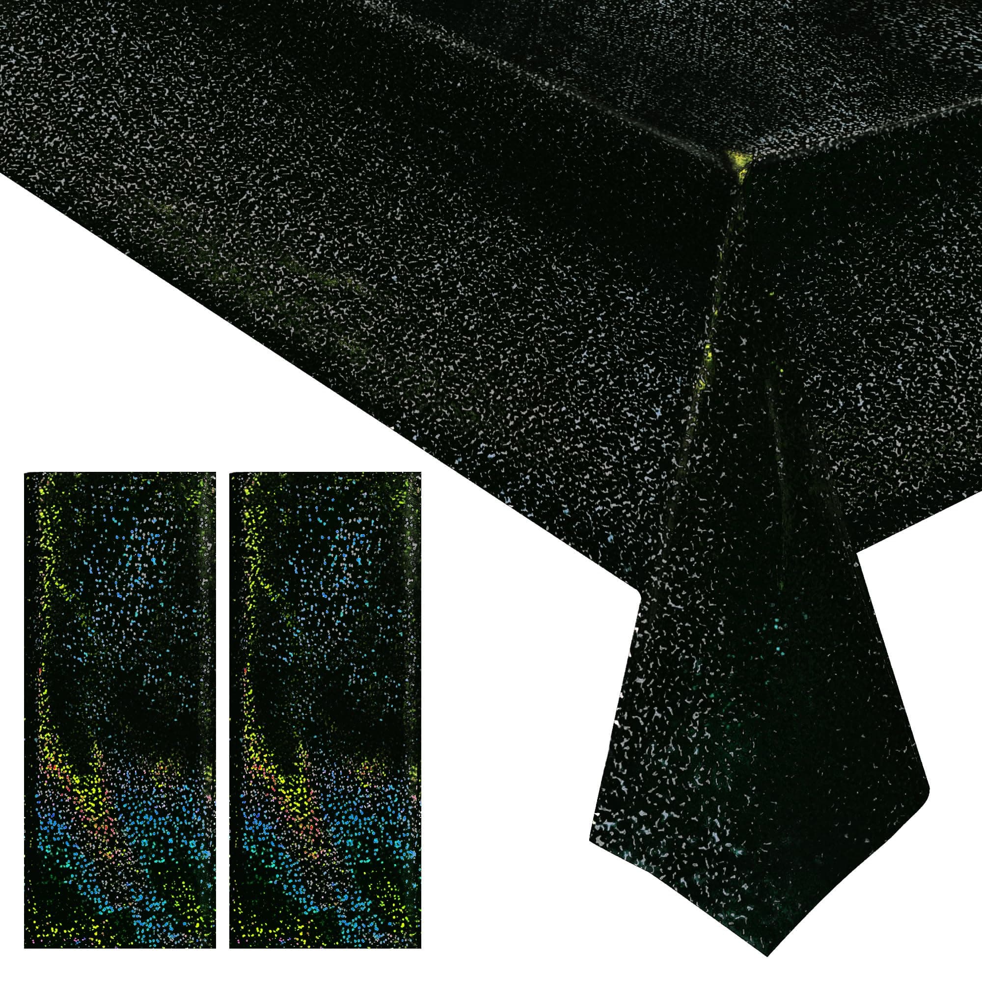 2 Pcs Black Holographic Laser Tablecloth Galaxy Space Table Cloth 40 * 108 Inch Shimmer Star TableCover for Halloween Birthday Graduation Neon Party Supplies Disposable Plastic Foil Table Decor