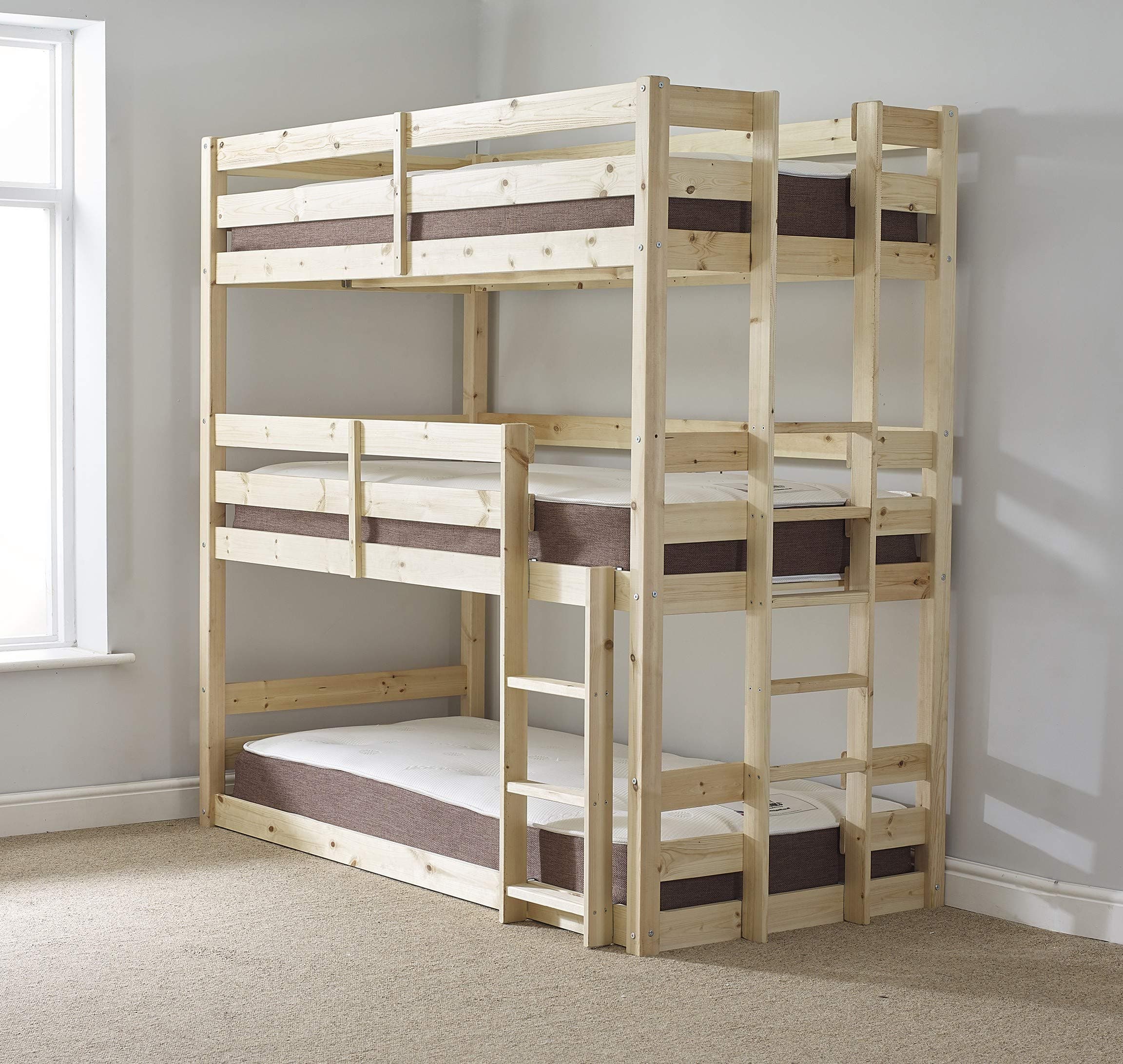 STRICTLY BEDS&BUNKS Pandora Triple Sleeper including Three Sprung Mattresses (15 cm), 3ft Single