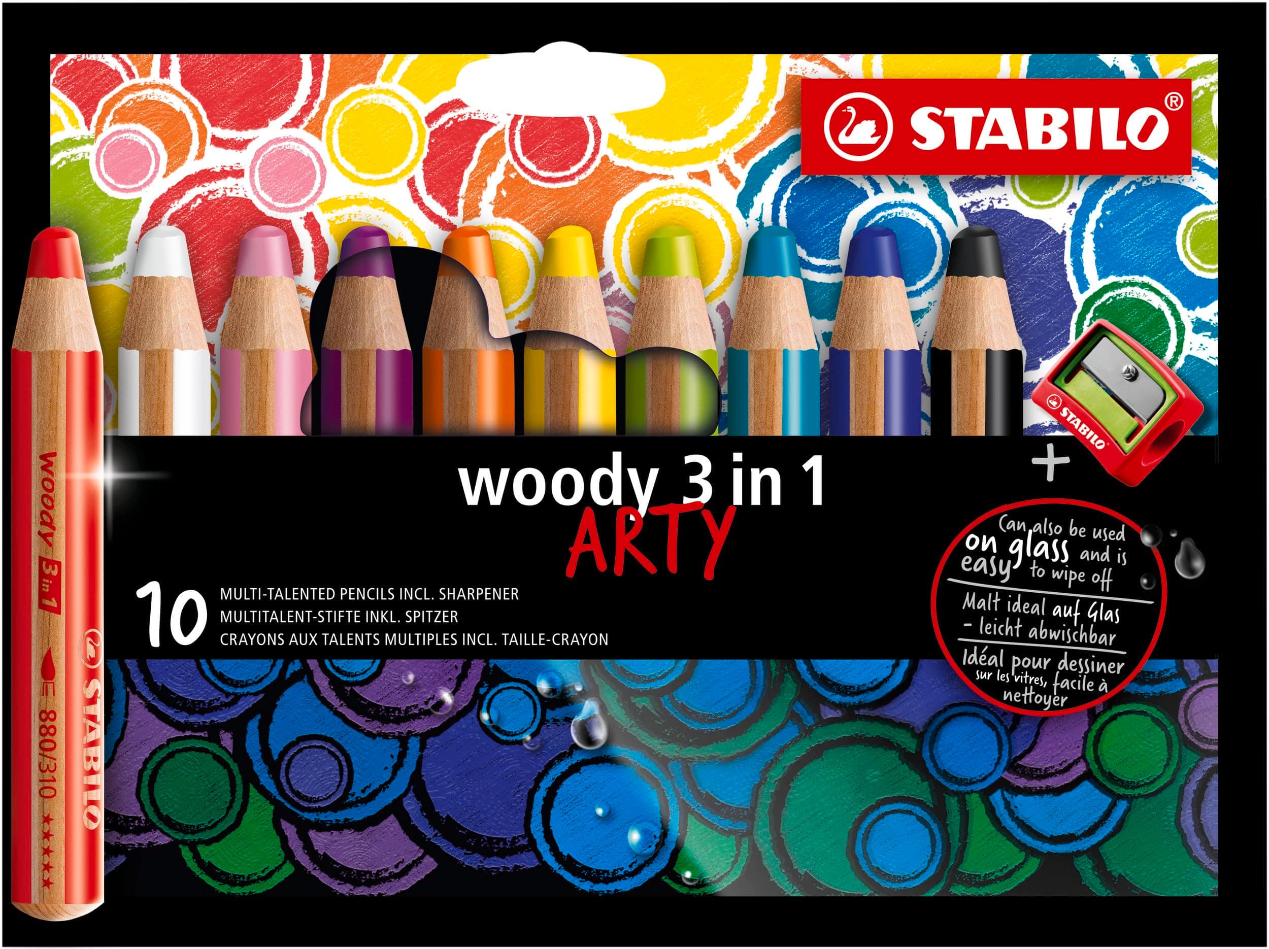 woody 3-in-1 - Multi-Talented Pencil - ARTY - Pack of 10 - Assorted Colours with Sharpener