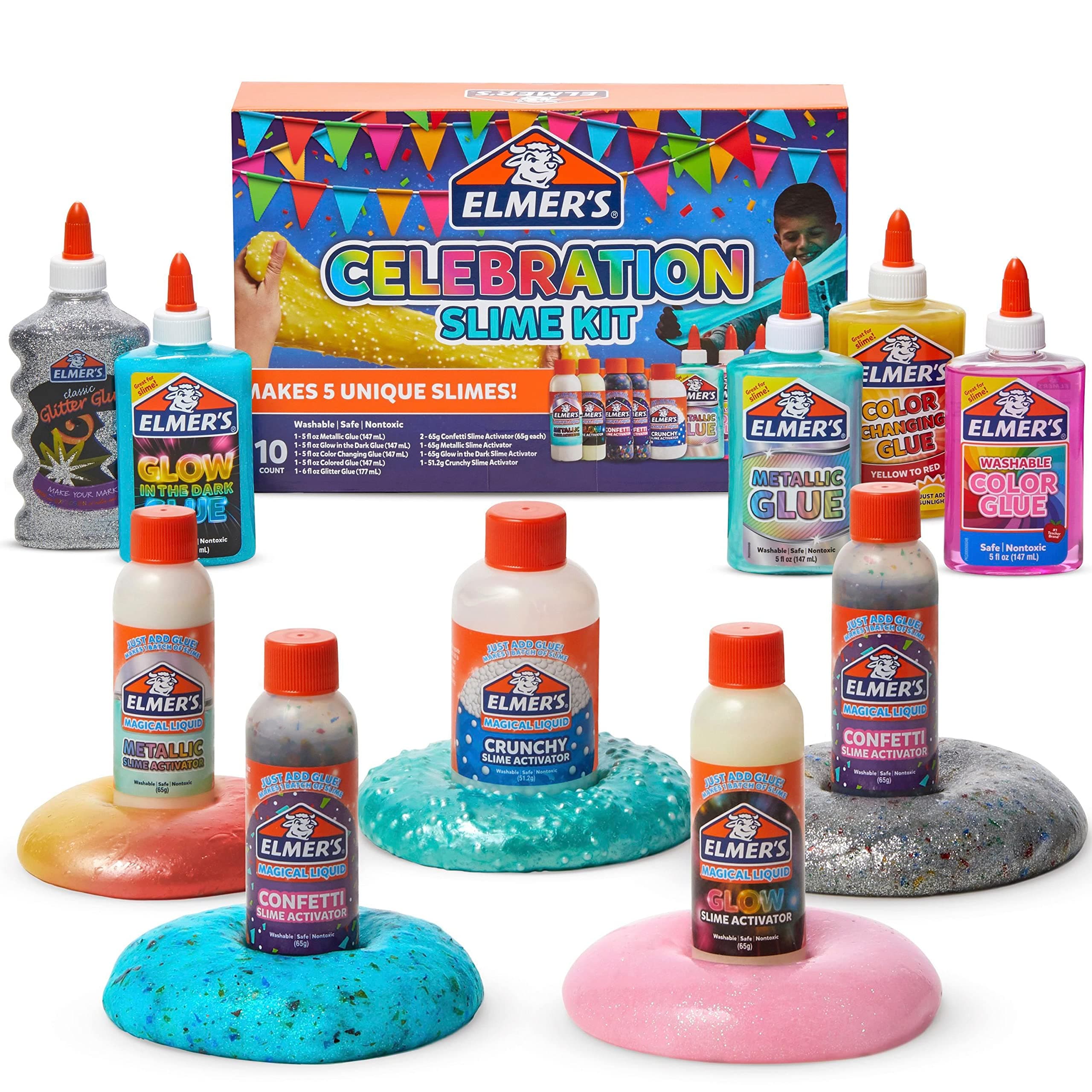 Celebration Slime Kit, Complete Slime Supplies with Assorted Magical Liquid Slime Activators and Assorted Liquid Glues, 10 Count - Perfect for Parties, Gift, Activity Time