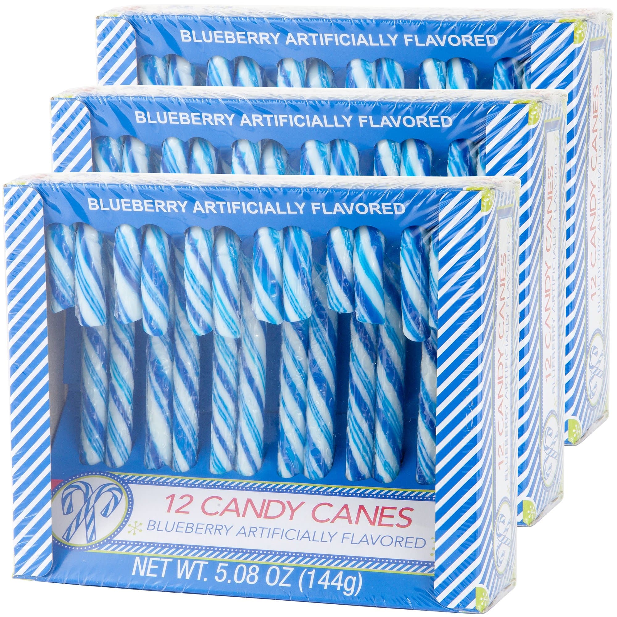 Candy Cane Blueberry Flavored | 12 Pieces in Each box - Net 5.08 Oz Pack of 3 - 36 Total Count | Individually Wrapped (Blueberry)