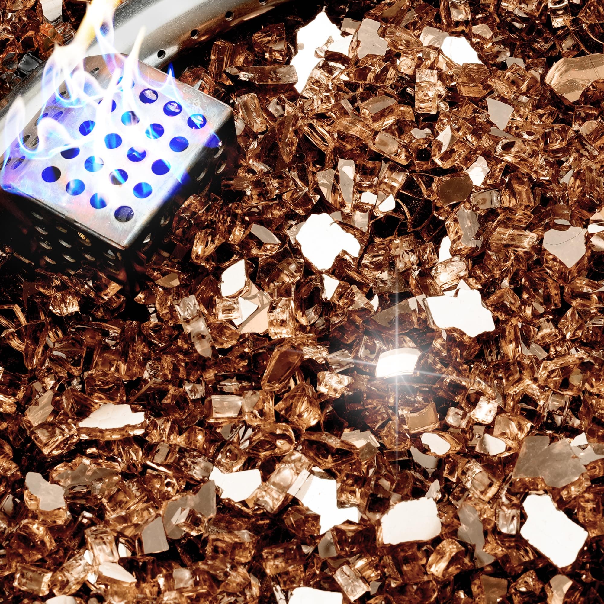 NUPICK 5 Pound Fire Glass, 1/4 Inch Reflective Fire Pit Glass, Tempered Firepit Glass Rock for Propane or Natural Gas, Glass Rocks for Fire Pit Table, Fireplace Glass for Landscaping, Copper