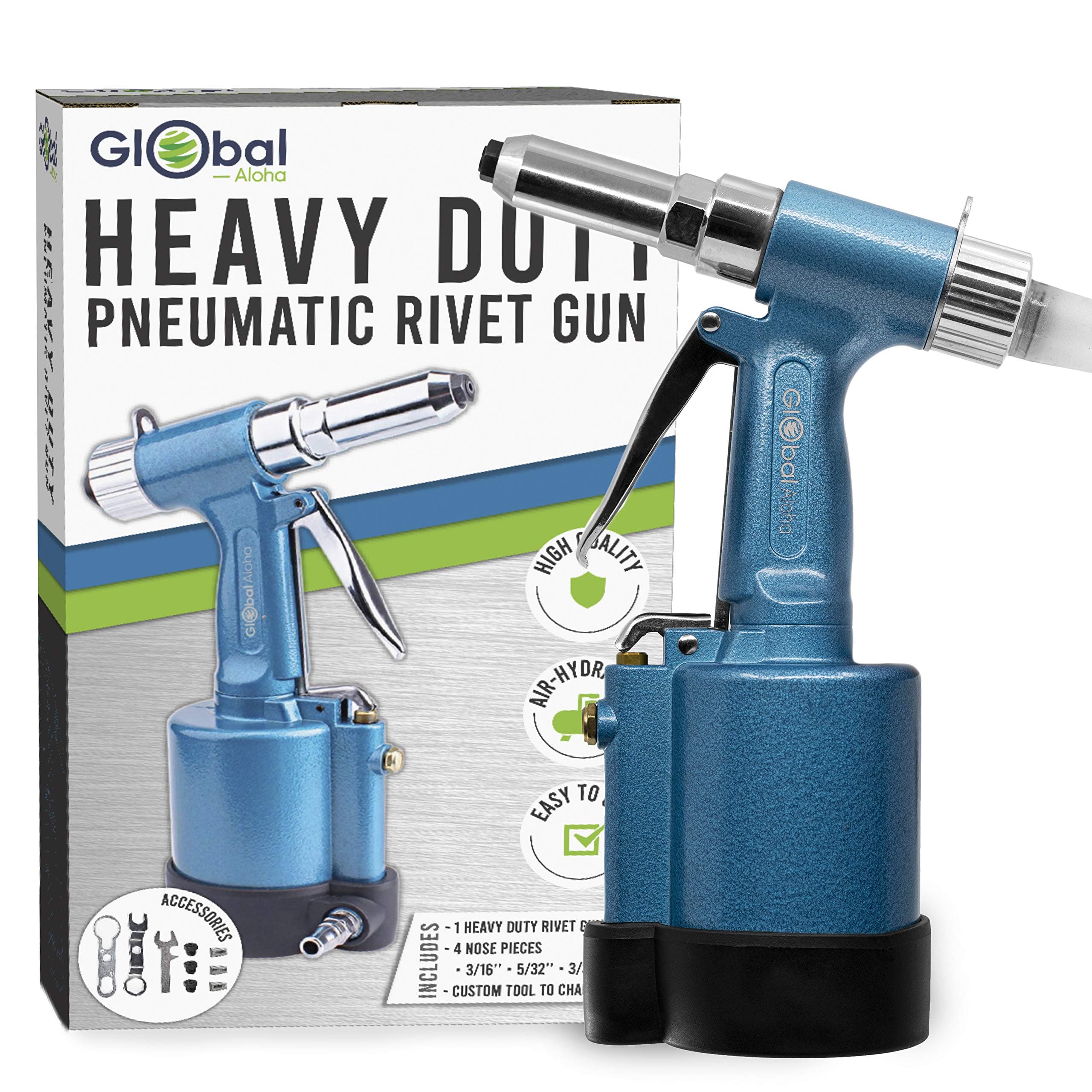 Professional Pneumatic Pop Rivet Gun, Air Riveter Tool Kit With High Psi, Perfect For Large And Small Jobs, No Battery Needed- 3/32" (2.4MM), 1/8" (3.2MM), 5/32" (4.0MM), 3/16" (4.8MM) Capacity