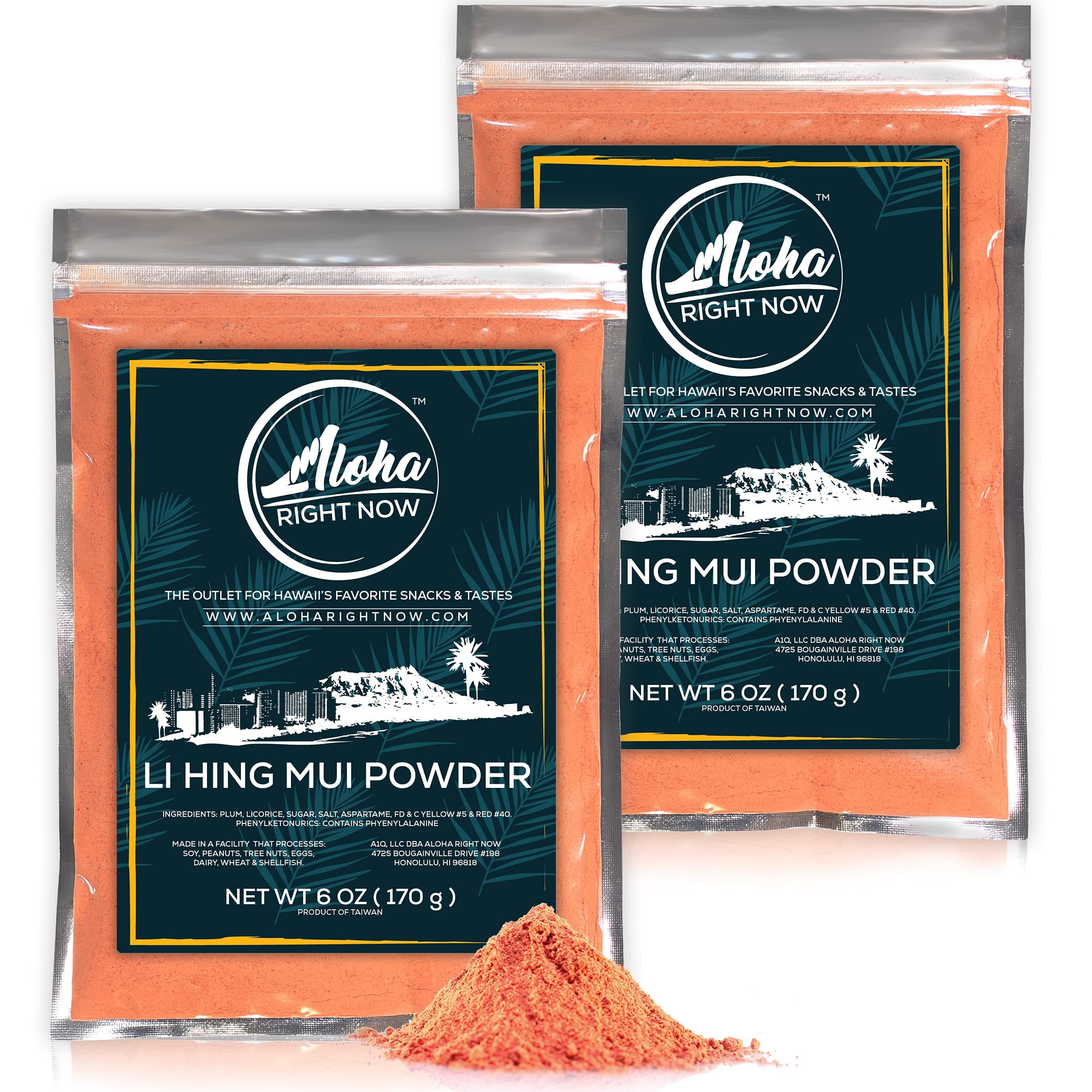 Aloha Right Now Authentic Li Hing Mui Powder 6 oz (Pack of 2) - for flavoring fruits, candy, & cocktail drinks - Sweet, Sour & Salted Dried Plum Powder - Asian Hawaiian Snacks
