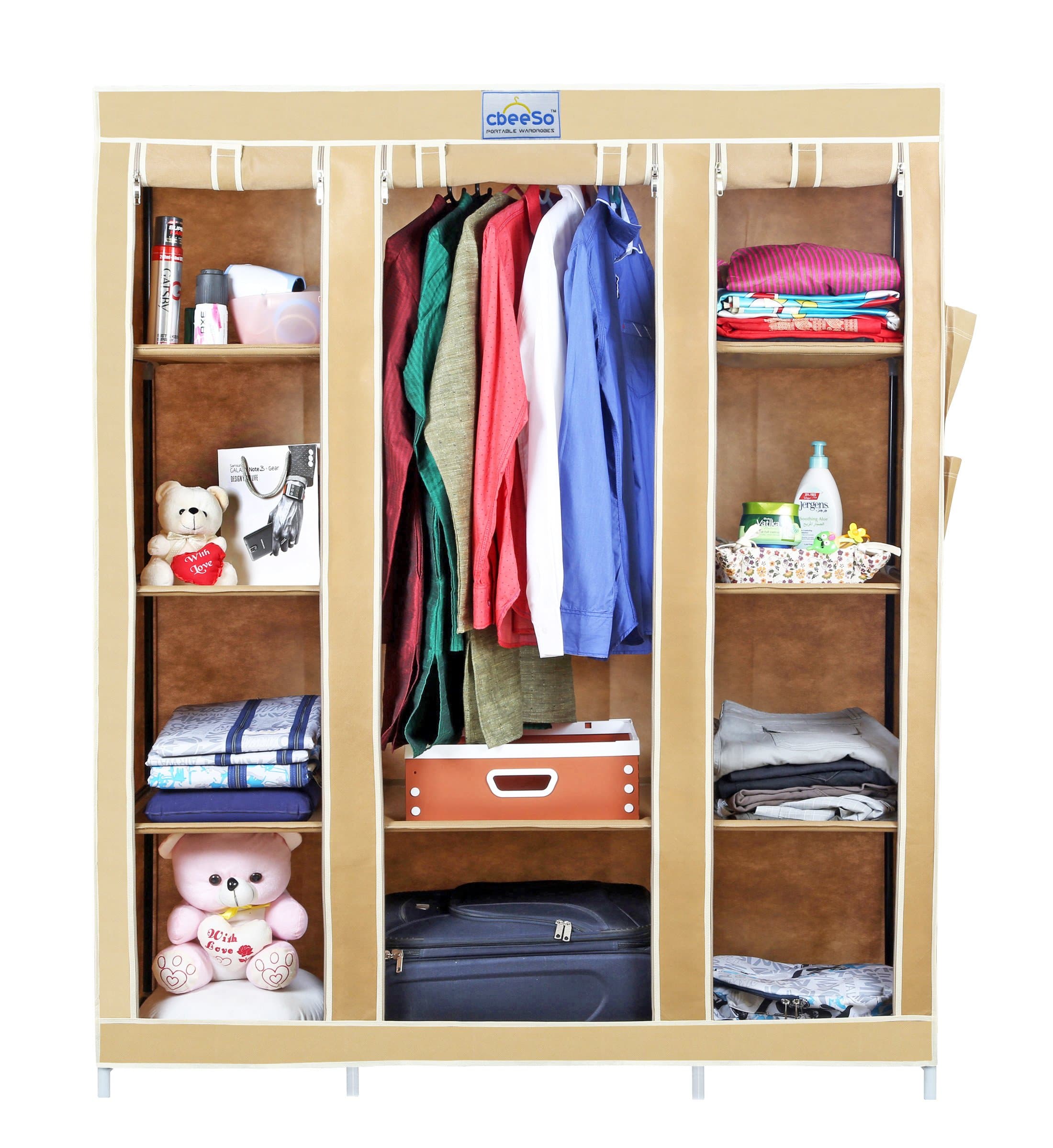CbeeSo 3-Door Foldable Wardrobe with 10 Racks – Space-Saving Beige Closet Organizer, Portable Storage for Clothes, Shoes & Accessories