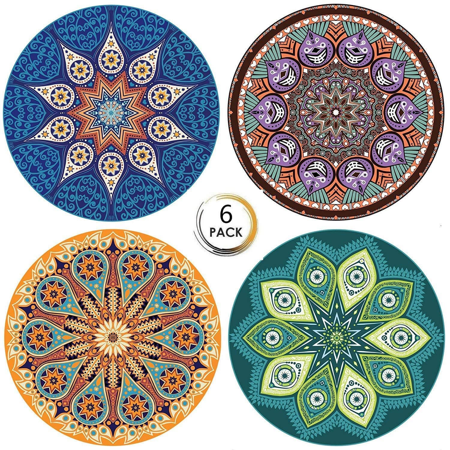 PBELE 6X Ceramic Coasters with Cork Absorbent Stone Style Coffee Drink Cup Mat, Bohemia Style-6pcs, 4inch