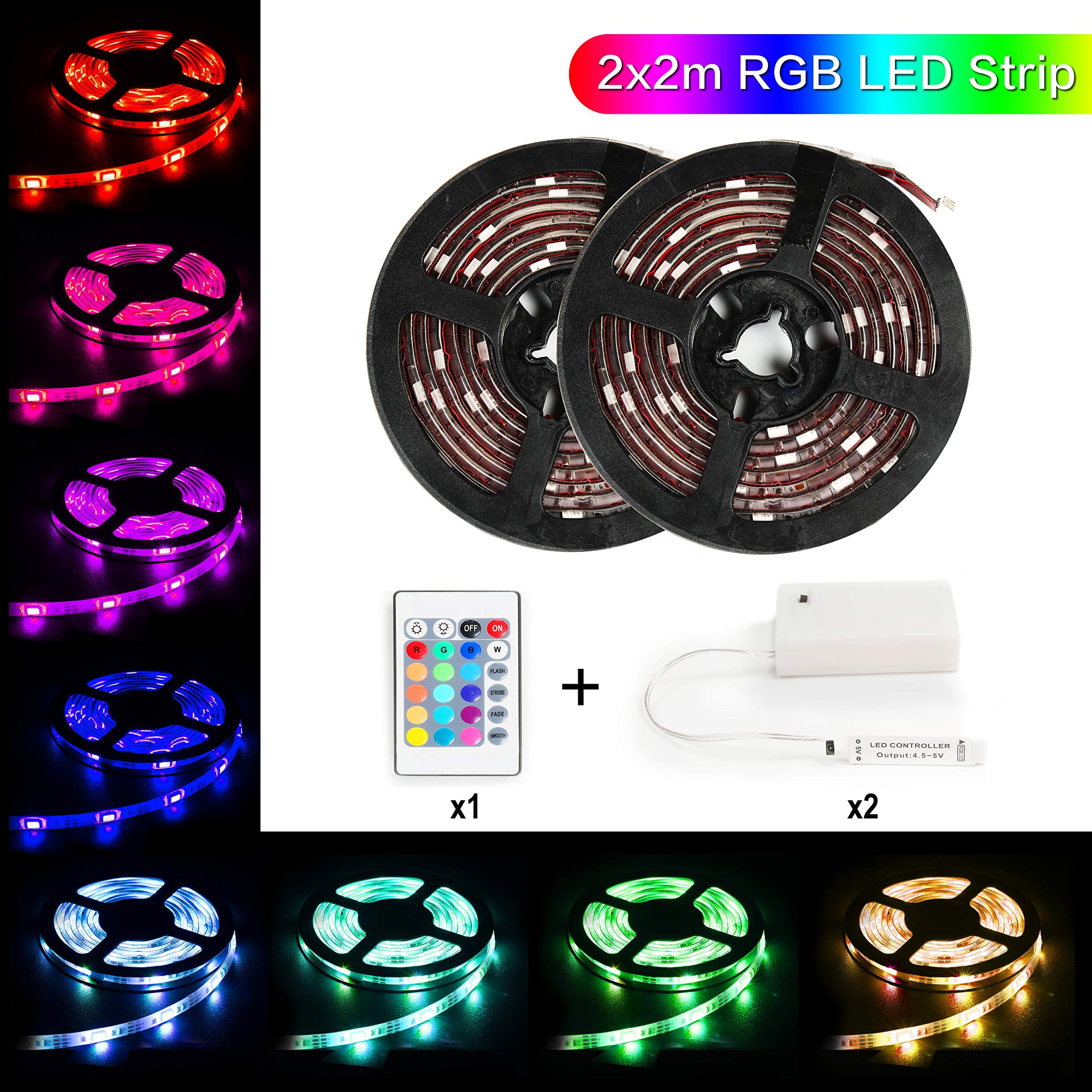 Led Light Strip Battery Powered,MEILLY RGB 2M / 6.6FT 60Leds 5050 Leds Strip Light IP65 Waterproof Flexible Rope Lights, Color Changing Strip Lightings with 24 Key Remote Control ( 2Pcs)