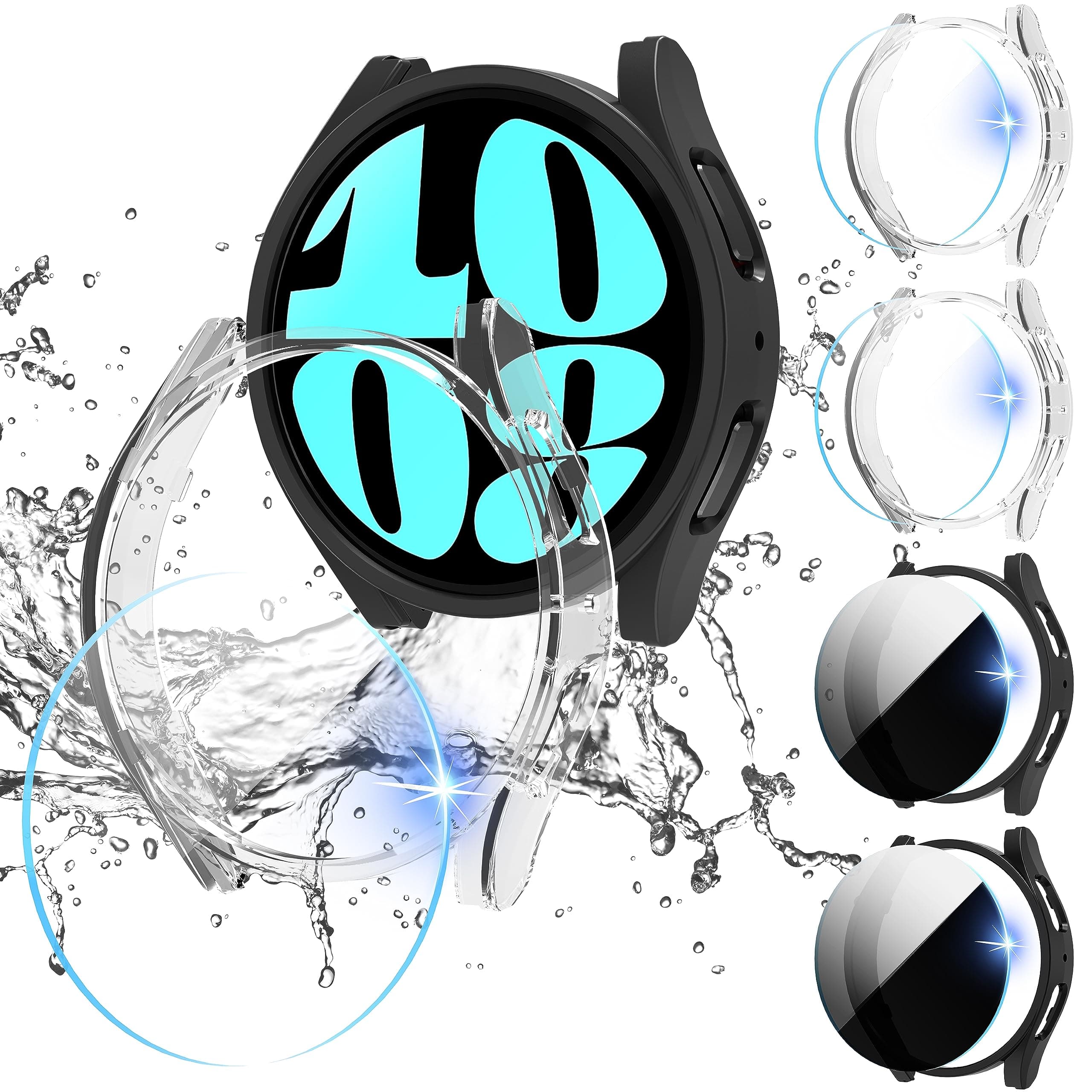 Diruite4+4 Pieces Case for Samsung Galaxy Watch 6 44 mm Protective Case, Hollowed Scratch-Resistant PC Case, 4 & HD Tempered Glass Screen Protector x 2 + Privacy Screen Protector x 2 for Samsung