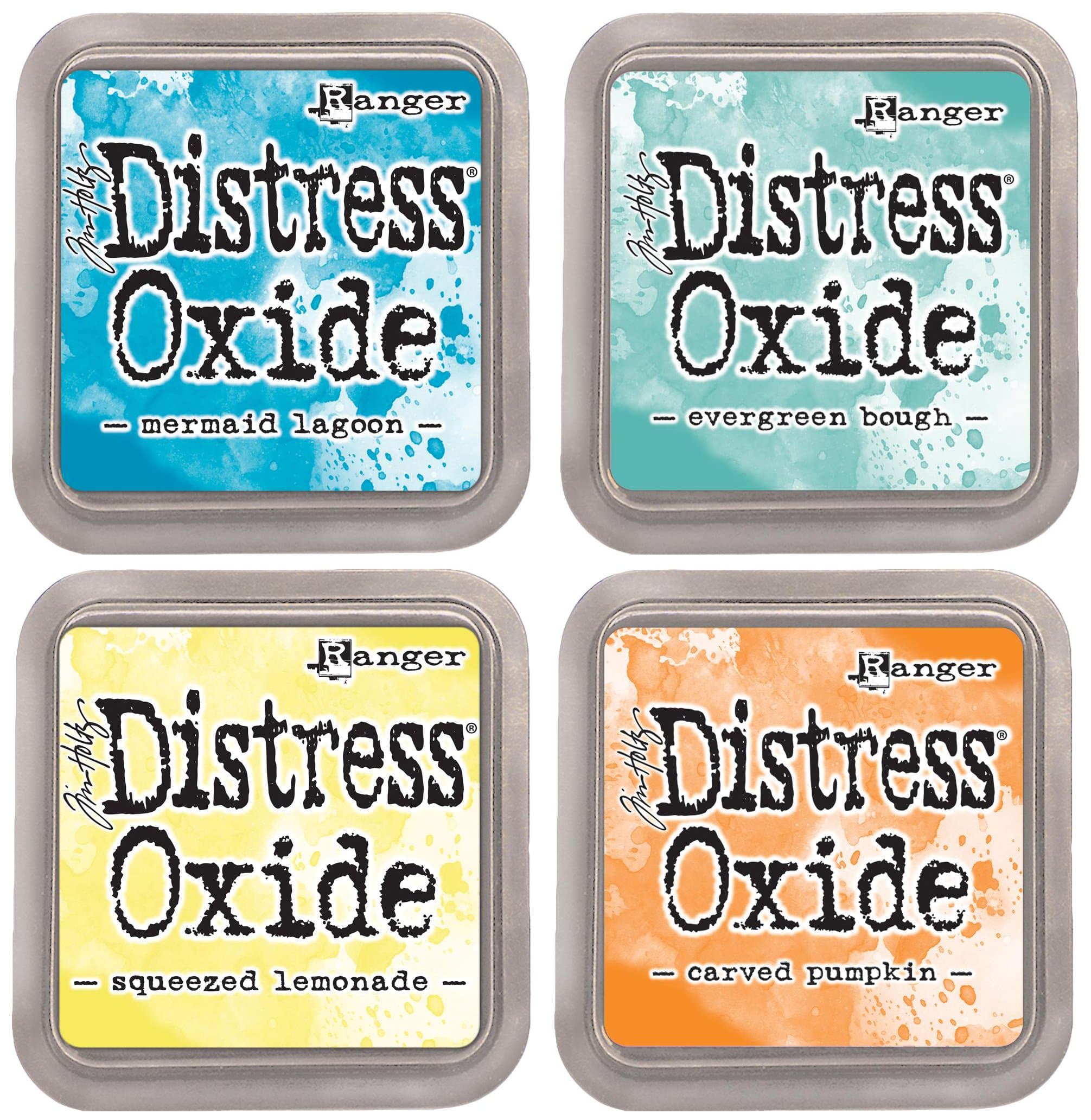 Tim Holtz Ranger Distress Oxide Ink Bundle - Four 3" x 3" Pads (B - Brights : Mermaid Lagoon, Evergreen Bough, Squeezed Lemonade, and Carved Pumpkin)