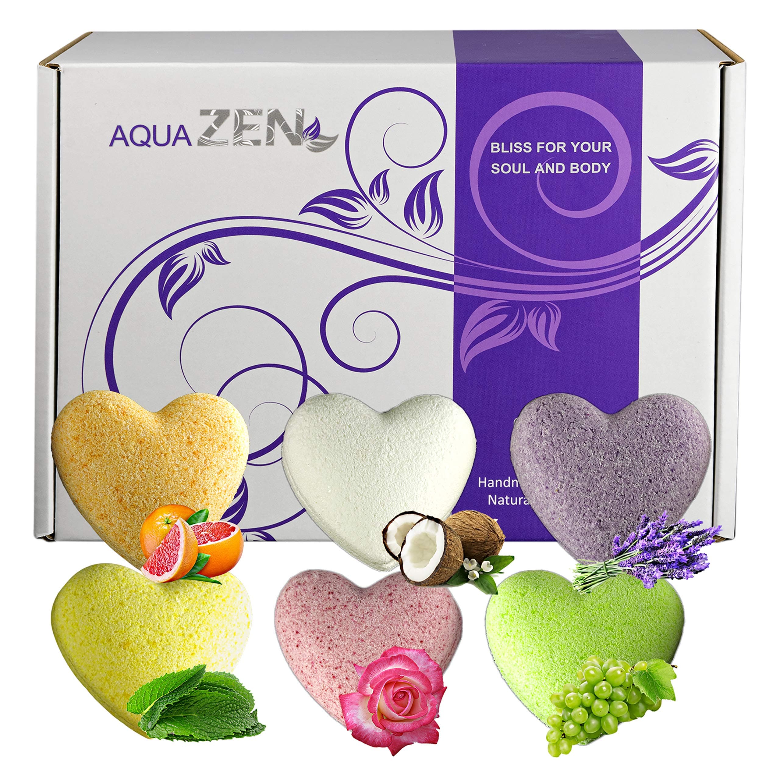 Aquazen Organic Bath Bombs Gift Set, Bath Bombs with Natural Essential Oils, Mother's Day, Valentine’s Day, Christmas (Heart Bath Bombs)