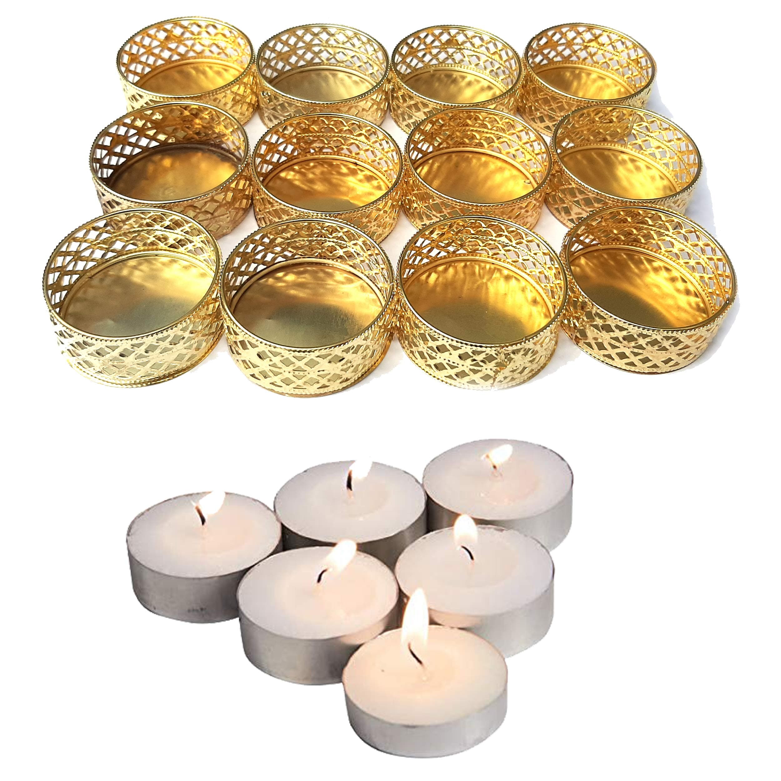 Urvi Creations Tea Light Holder with 12 Pcs Tea Lights , Golden, Small ,Others