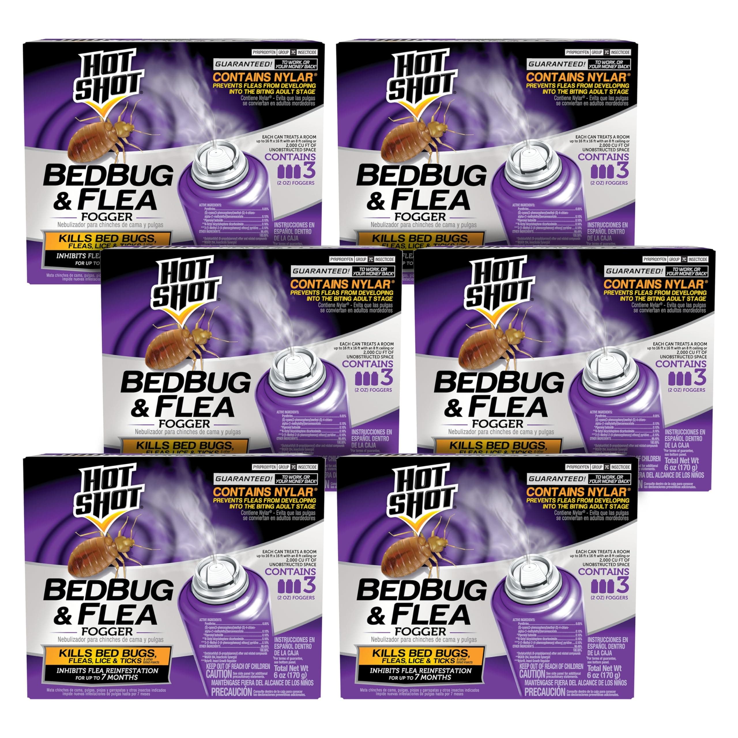 Hot Shot BedBug And Flea Fogger 3 Count-2 Ounce Cans, With Nylar, Inhibits Flea Reinfestation, 6 Pack