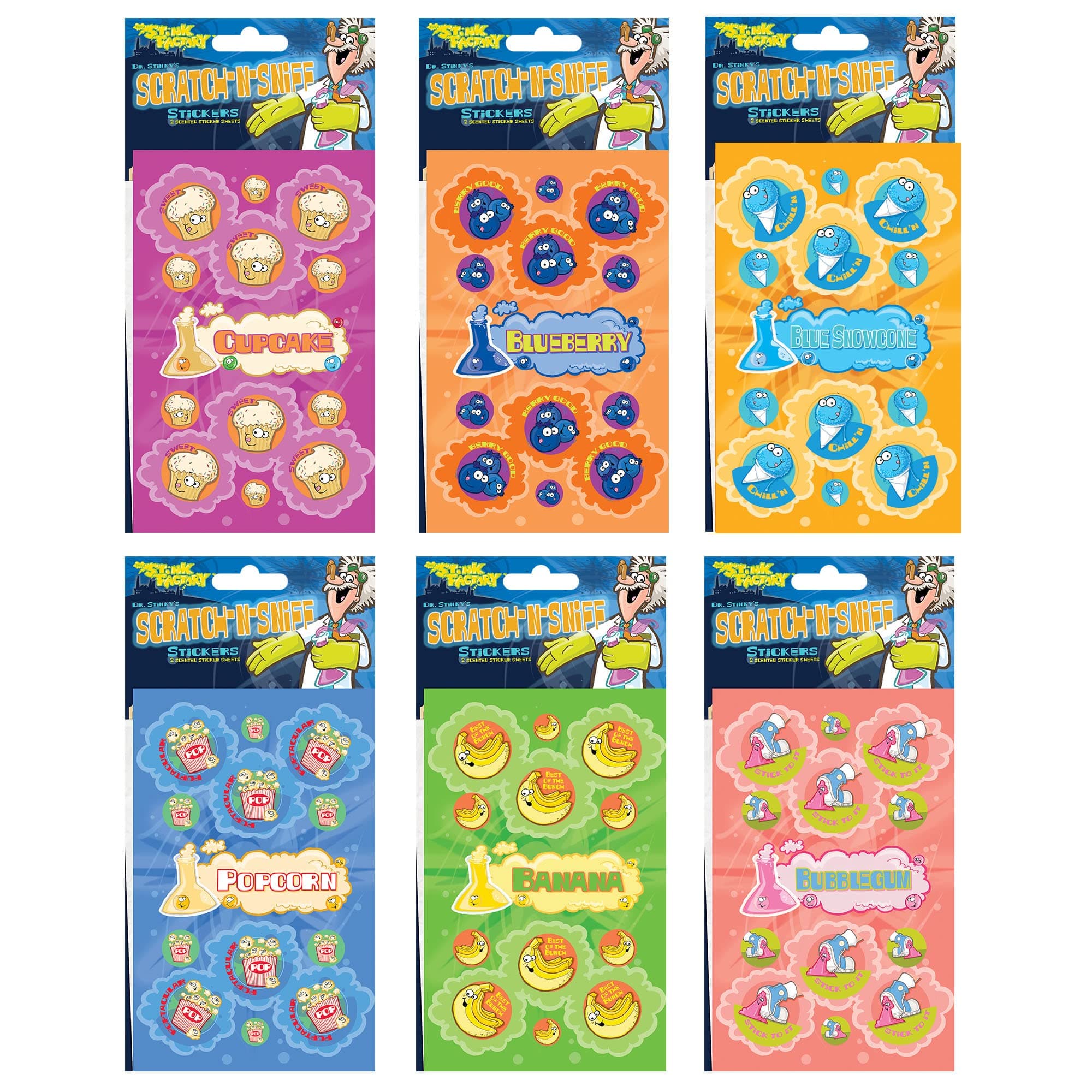 Just For Laughs Dr. Stinky's Scratch N Sniff Stickers 6-Pack, Blueberry, Popcorn, Cupcake, Blue Snowcone, Banana, Bubblegum, 162 Total