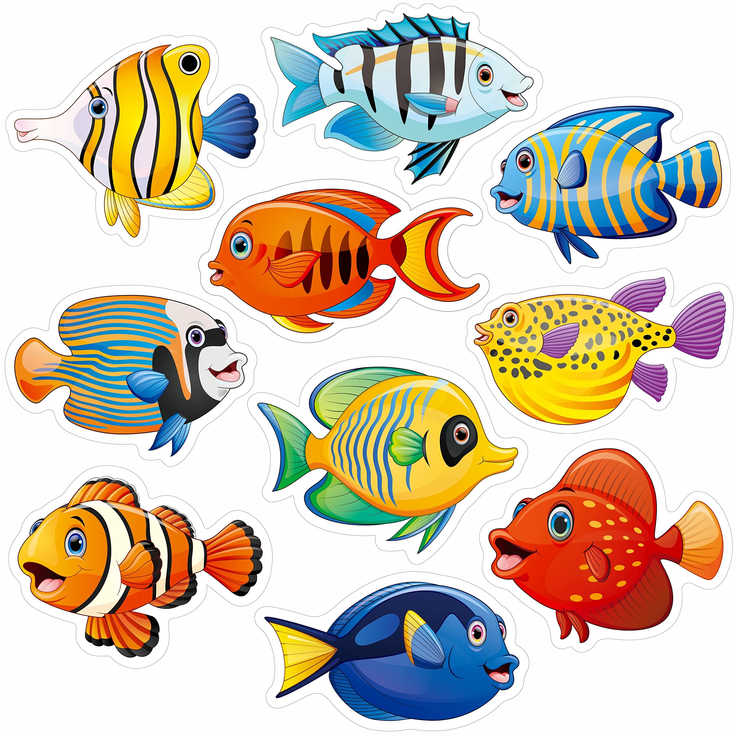 Gethelud 50 PCS Tropical Fish Cutouts, Double-sided Printing Fish Sea Animal Accents Cut-outs Bulletin Board Classroom Decoration in 10 Designs Ocean Themed Party Supplies for Kids Teacher Student