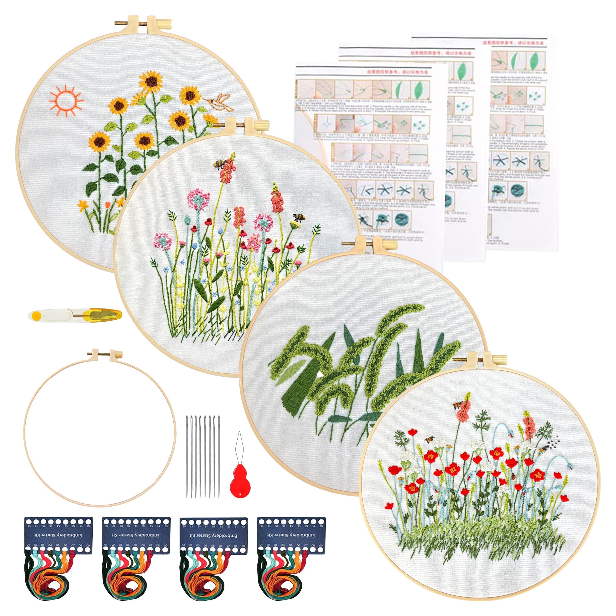 Maydear 4 Packs Embroidery Starter Kit with Pattern, Stamped Cross Stitch Kits for Beginners Adults with Embroidery Hoop and Instructions, Hand Embroidery Kit (A-Embroidery kit Florals)