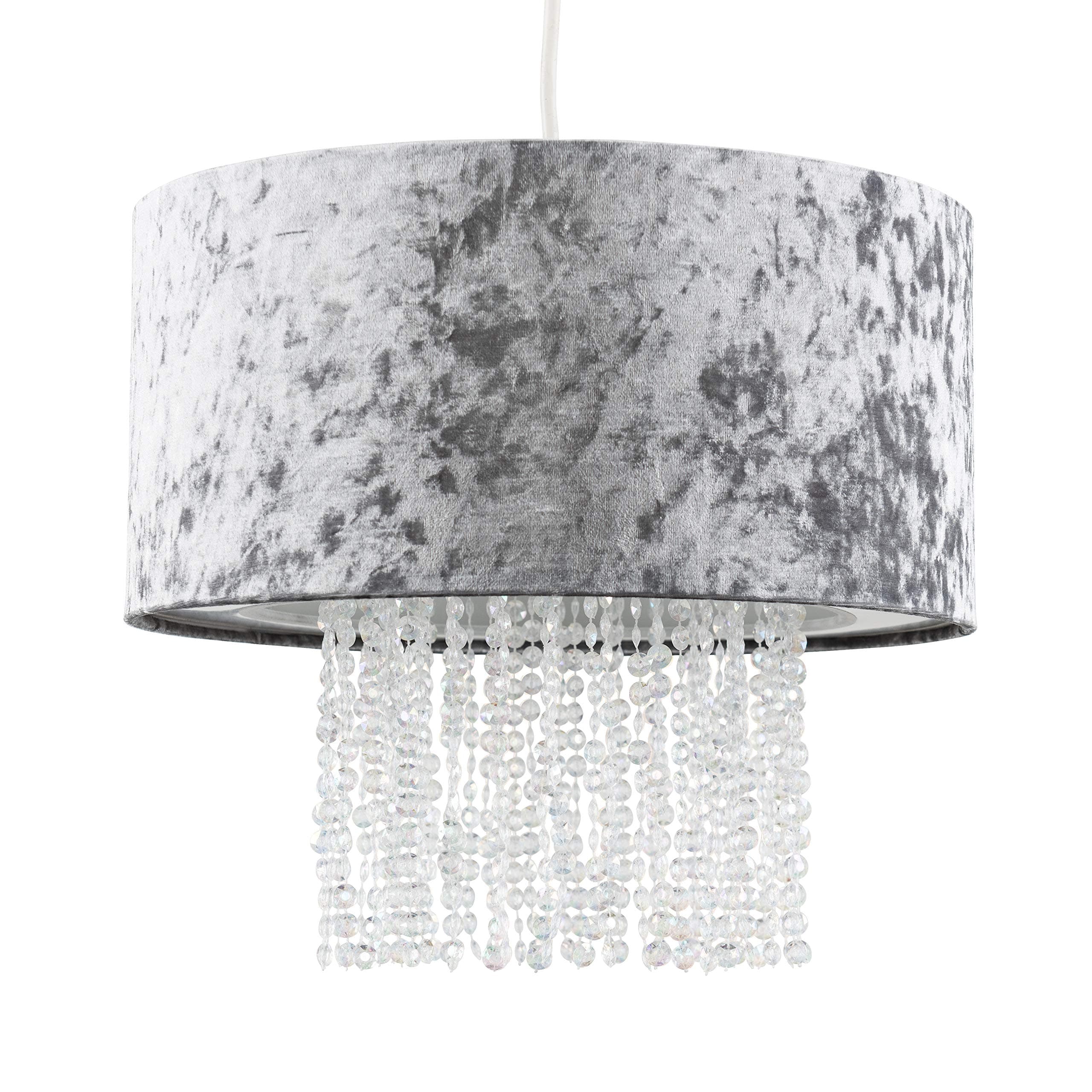 MiniSun | Modern Silver Grey Velvet Ceiling Light Shade with Clear Acrylic Droplets | Pendant Lights, Home Décor & Improvement Essential | 33cm Shade Width